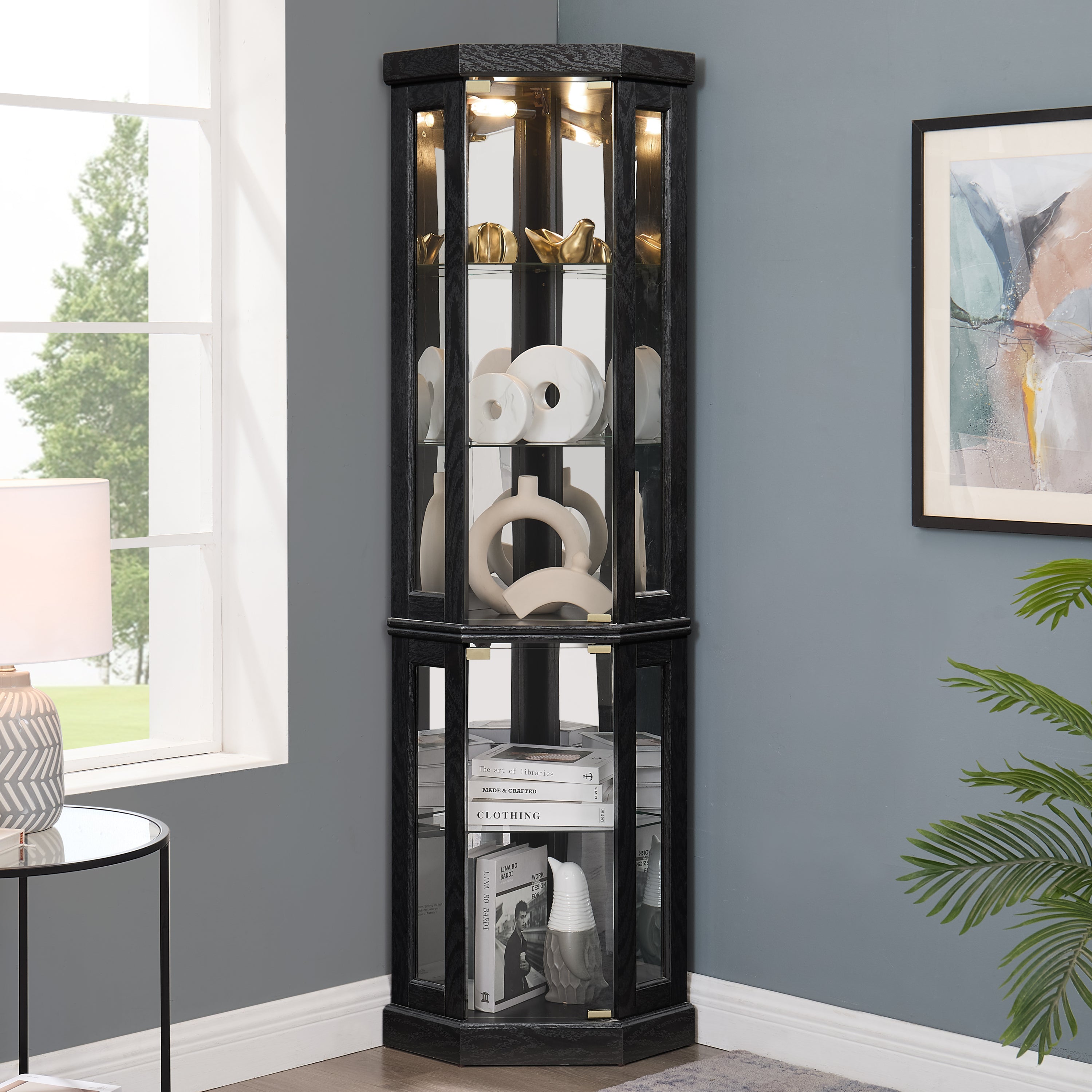 Tall Corner Glass Display Cabinet, Black, Lighted Mirrored Back