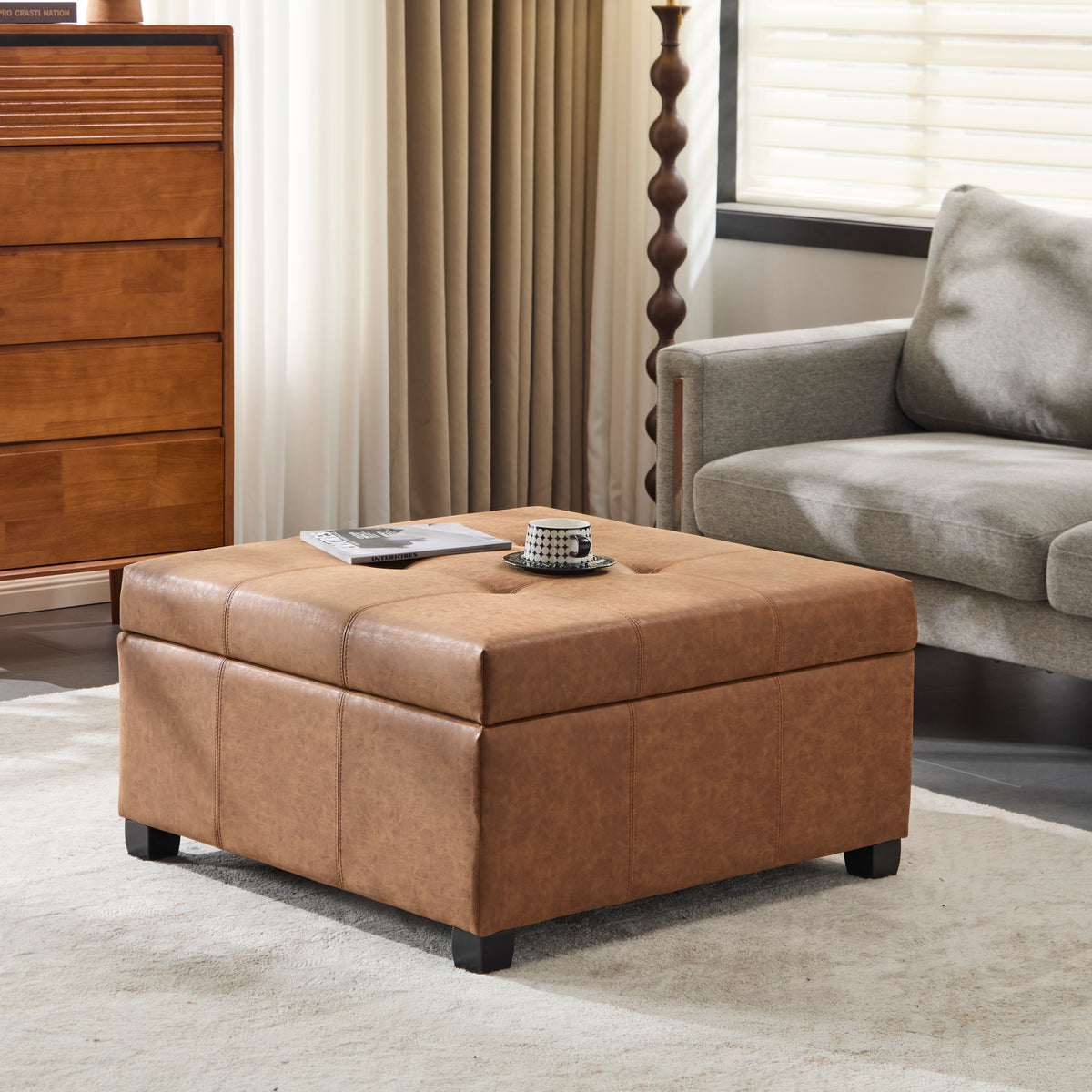 Brown Vegan Leather Square Storage Ottoman Bench, 35 in