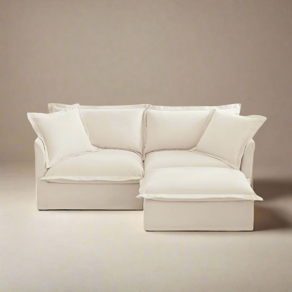 Fluffy 2-Seat Chenille Modular Sofa – Cream with Ottoman, Washable