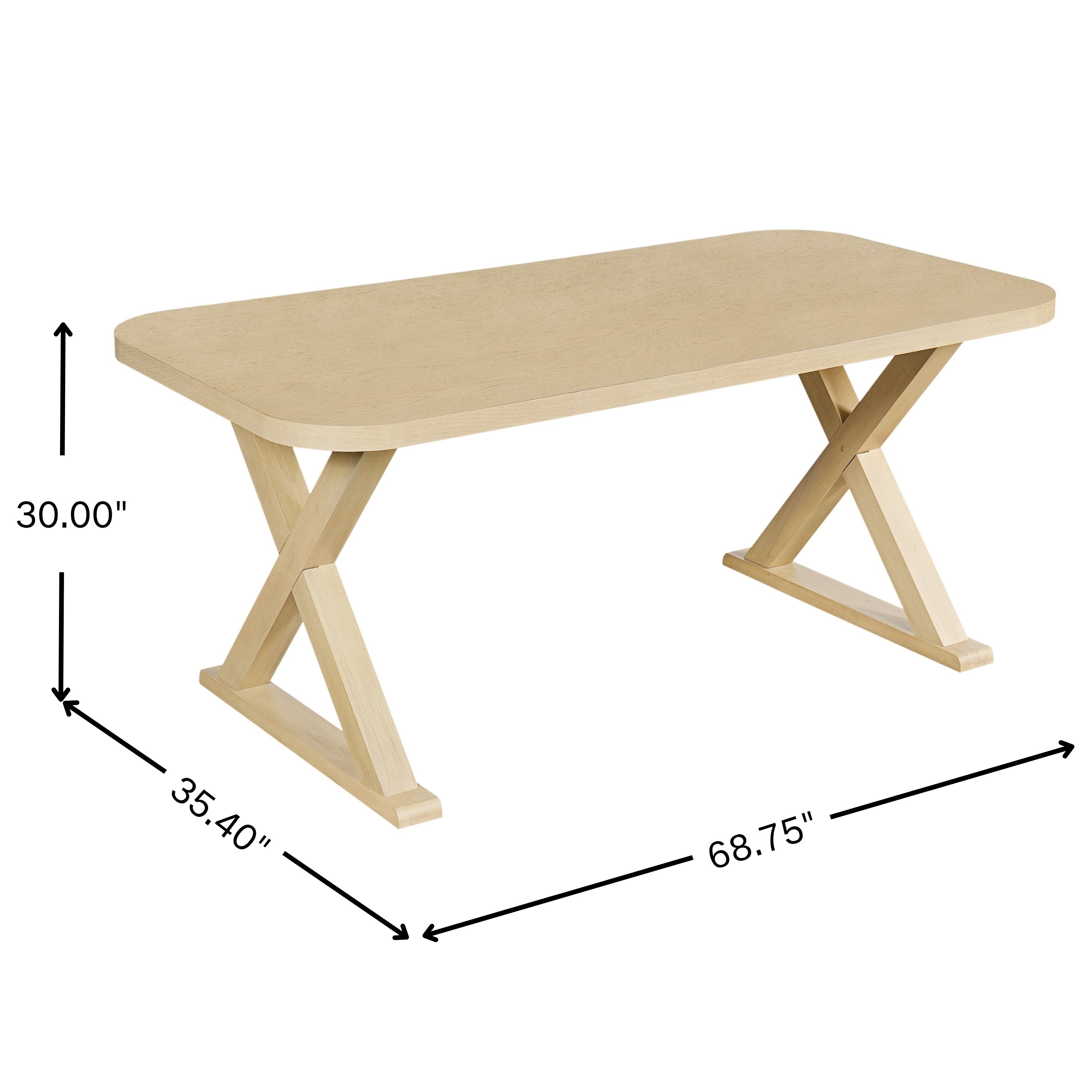 Dimension diagram of the oak veneer dining table showing 68.75 in length, 35.4 in width, 30 in height
