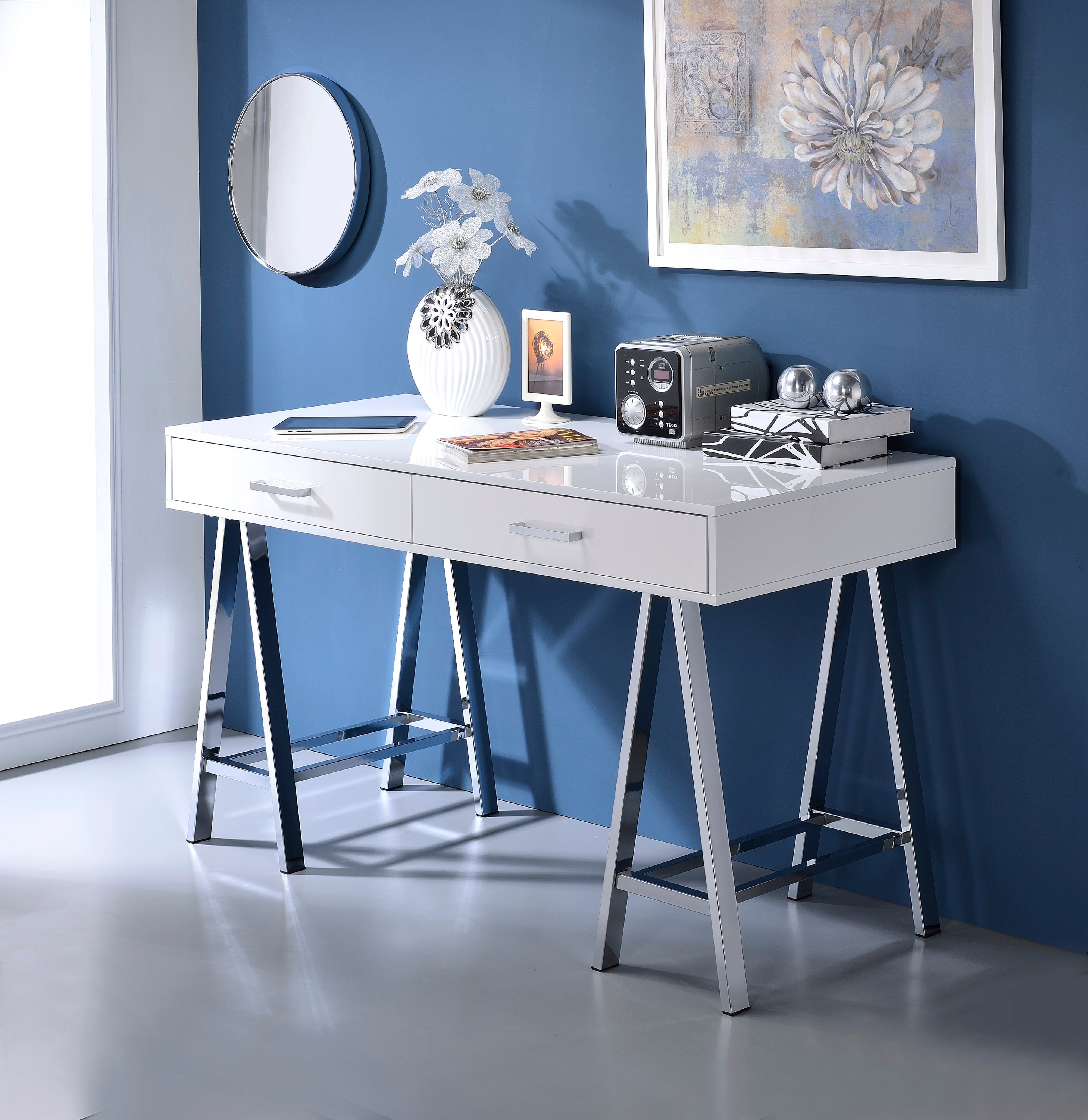 Writing Desk with Charging Station, 54 in, Silver