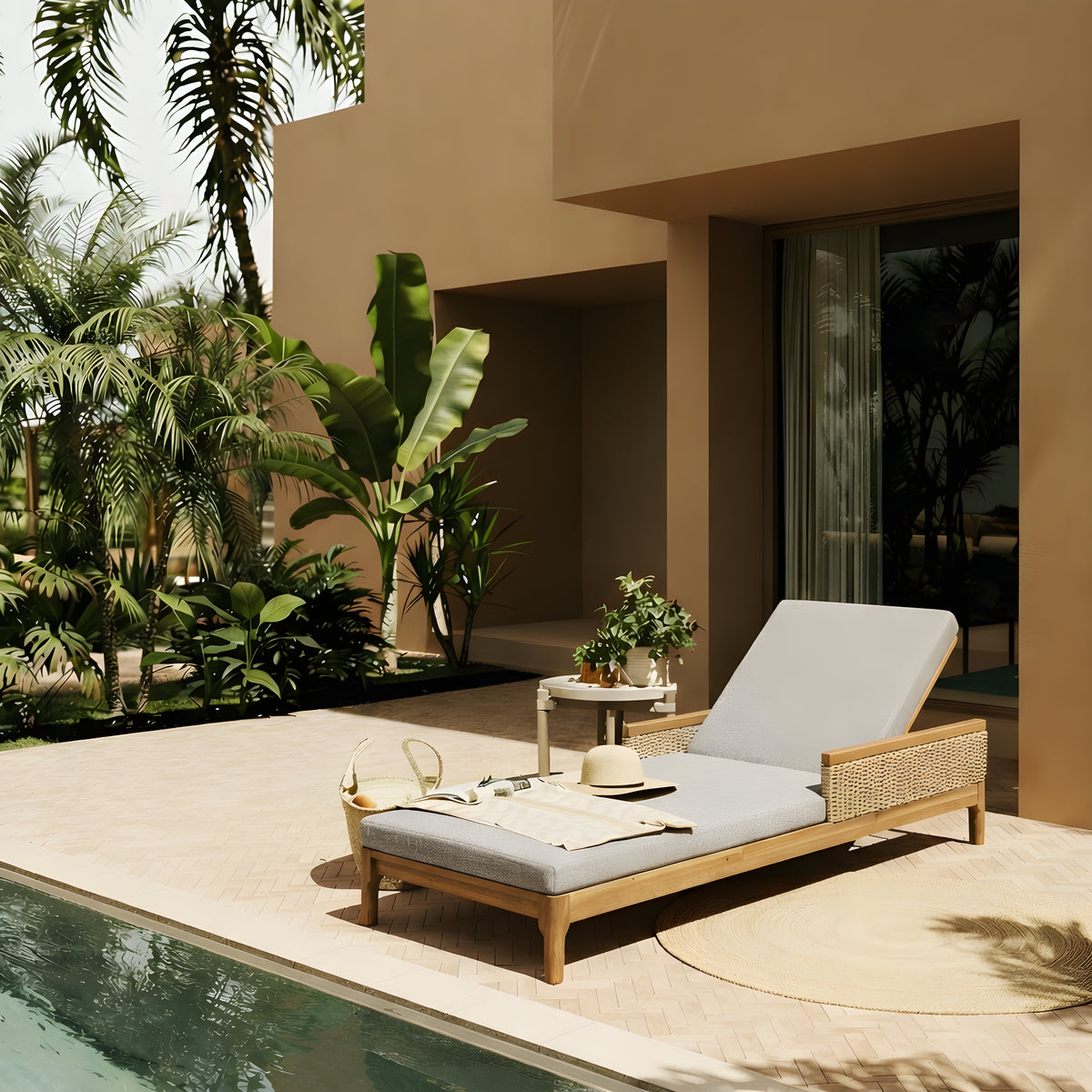 Natural Solid Wood Outdoor Chaise Lounge with Gray Cushions