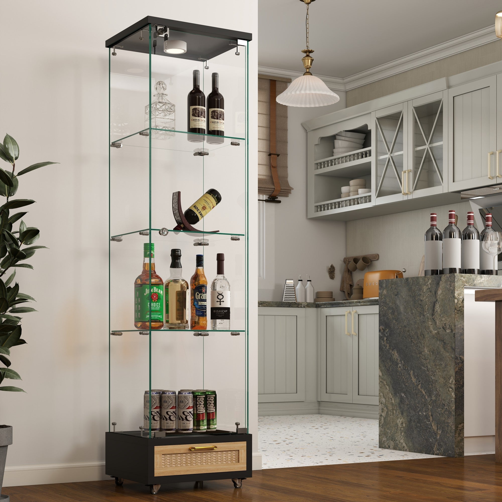 Modern Bookcase with Doors and Lock, 16.7 in, Natural, 14.4 in Deep