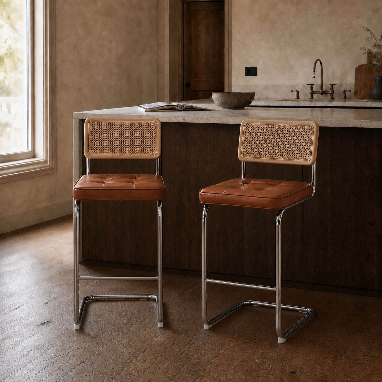 Rattan Counter Stools Set of 2 – Stainless Steel Legs & Brown Vegan Leather