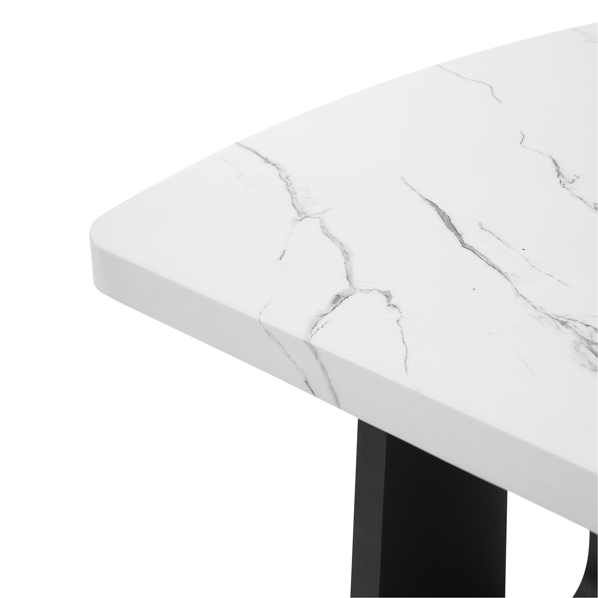 Side view of the faux marble dining table showing the twin black geometric legs, white background