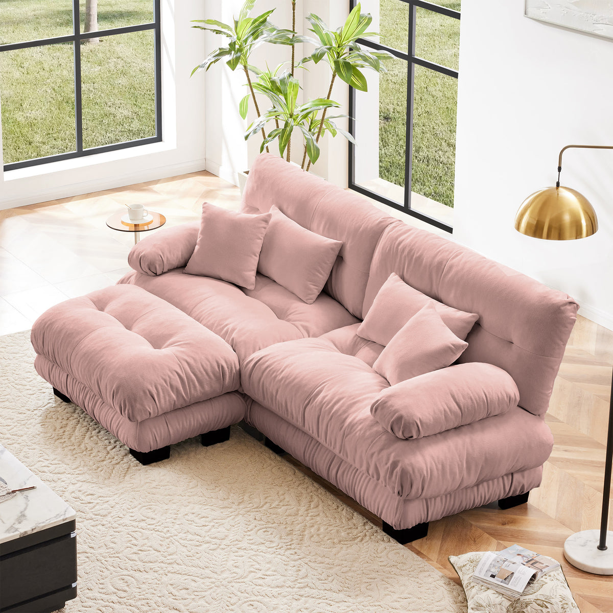Pink Chenille 2-Seat Couch with Ottoman