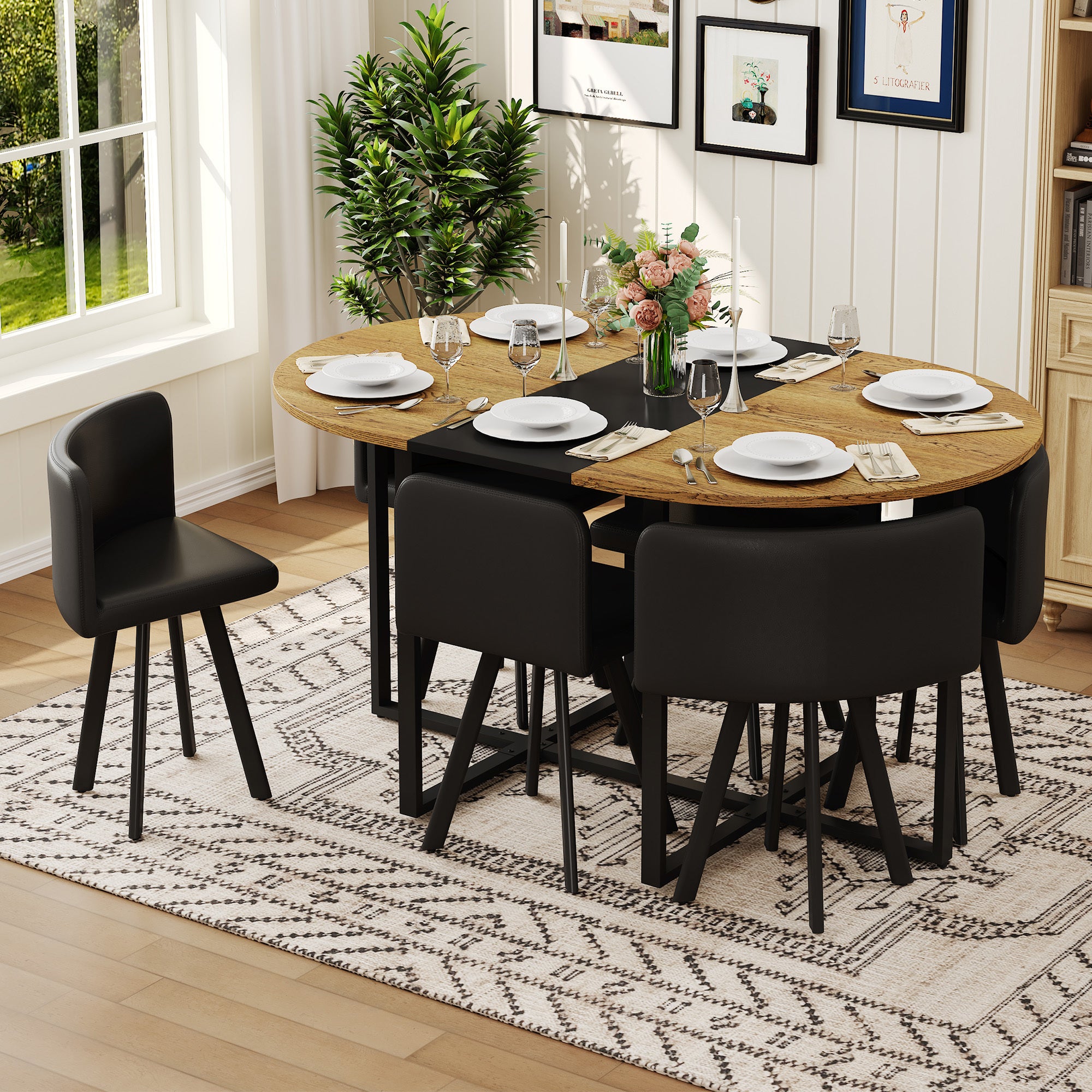 7-Piece Oval Dining Set for 6, Wood Grain Table and 6 Black Chairs