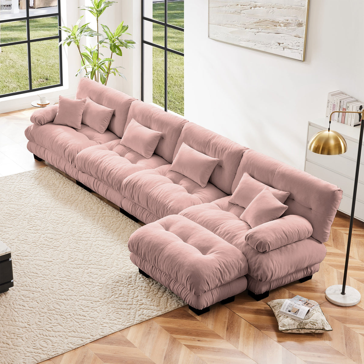 Pink Chenille Modular Sectional Couch with Ottoman