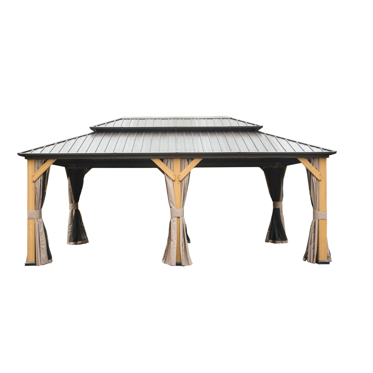 12x20 ft Brown Cedar Double Roof Hardtop Gazebo with Netting and Curtains