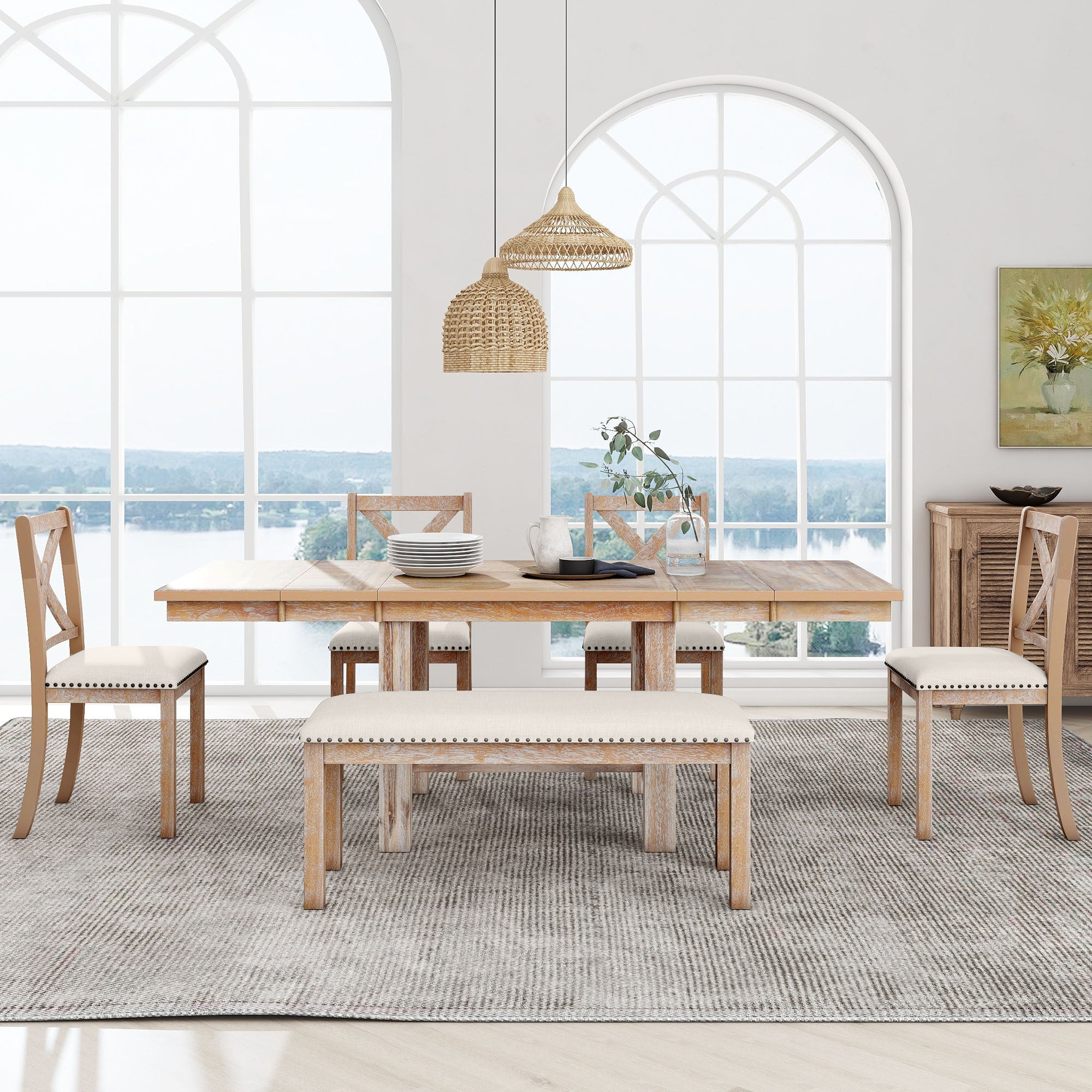 6-Piece Extendable Dining Set, Acacia Table, 4 Chairs & Bench