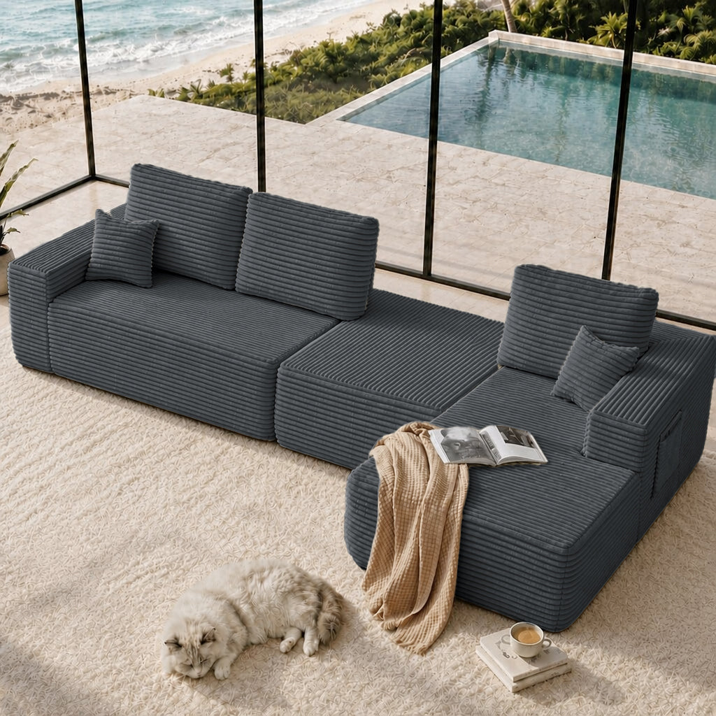 Gray L-Shaped Modular Sectional with Ottoman, Right-Facing Chaise