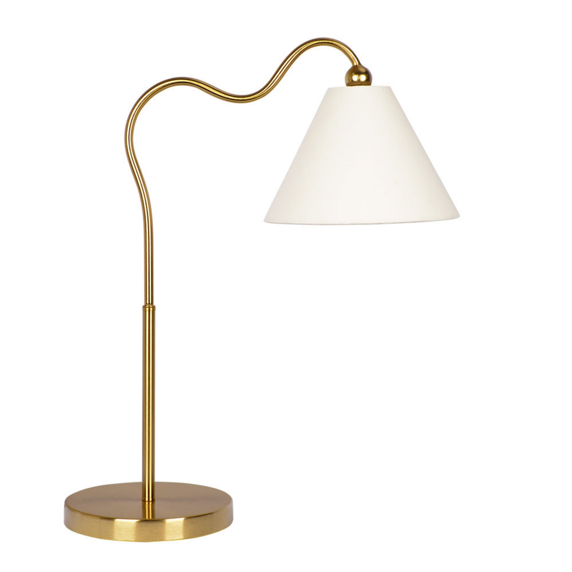 Table Lamp with Curved Metal Base and White Fabric Shade in Gold
