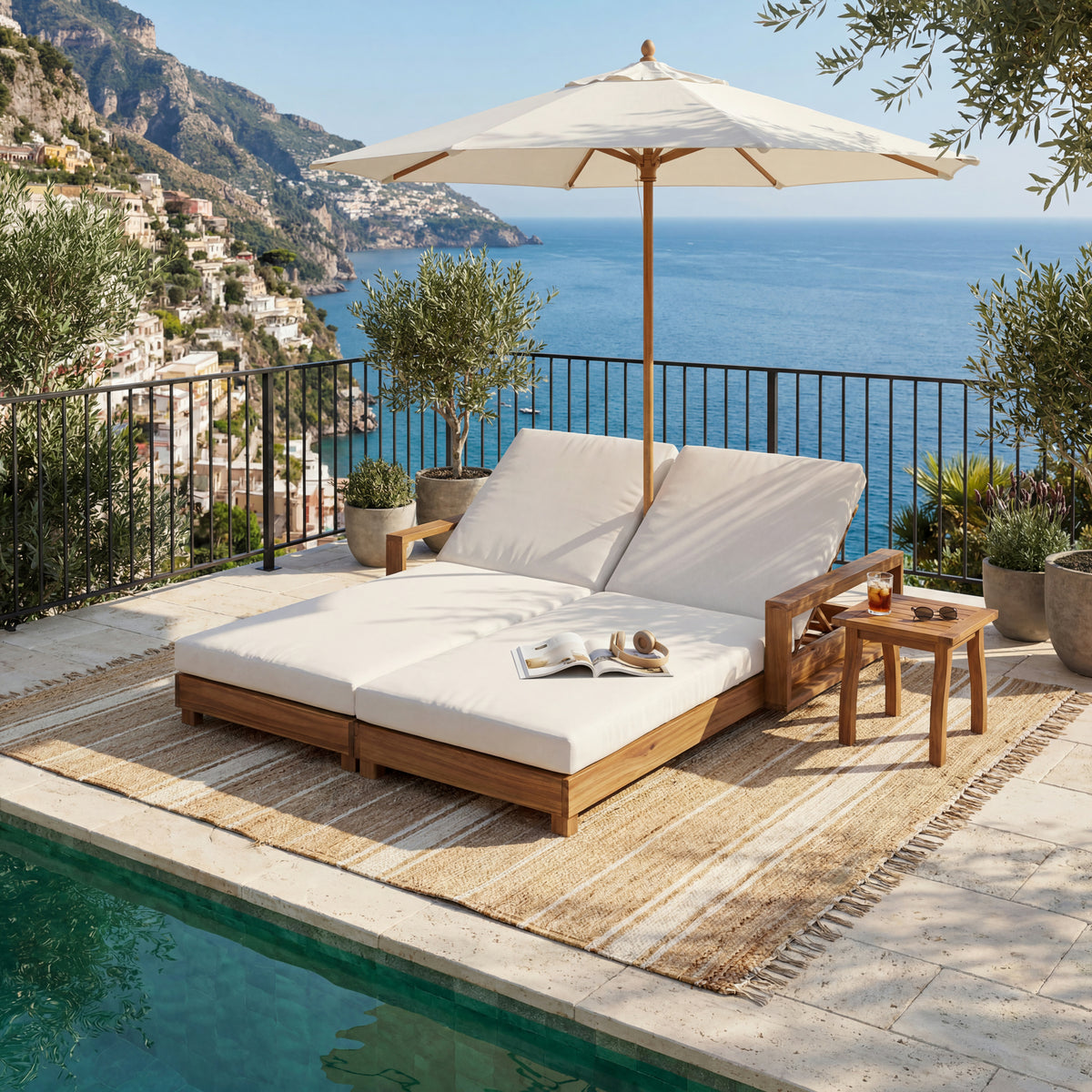 Natural Solid Wood Outdoor Double Chaise Lounge, Cream Cushion, 2-Fold Cushion