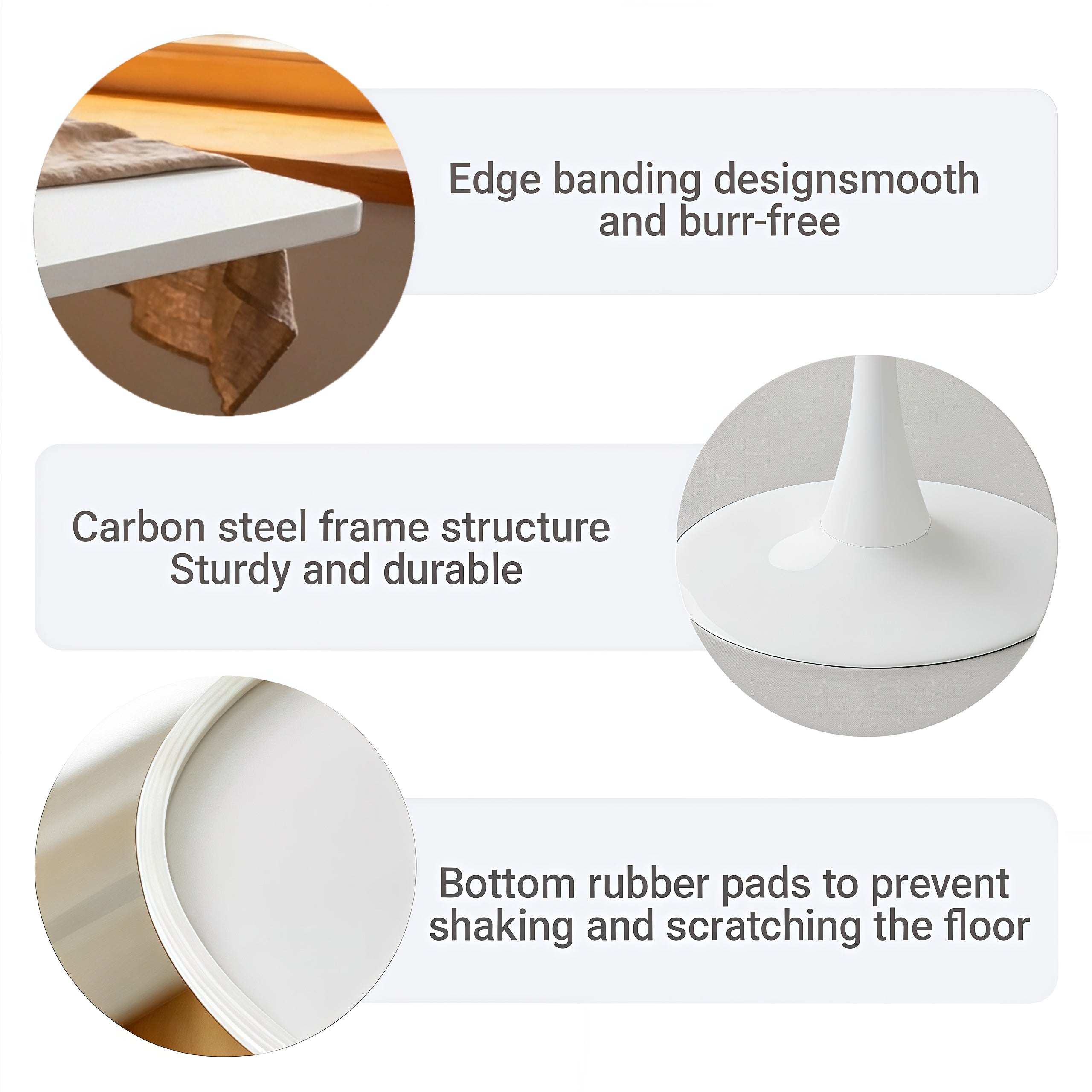 Feature graphic with close-ups of the tulip table smooth edge banding, carbon steel frame and bottom rubber pads
