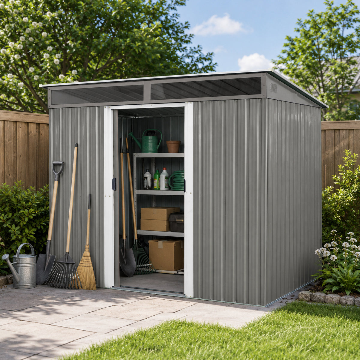 6x8 ft Gray Metal Storage Shed with Lockable Doors, with Sliding Doors