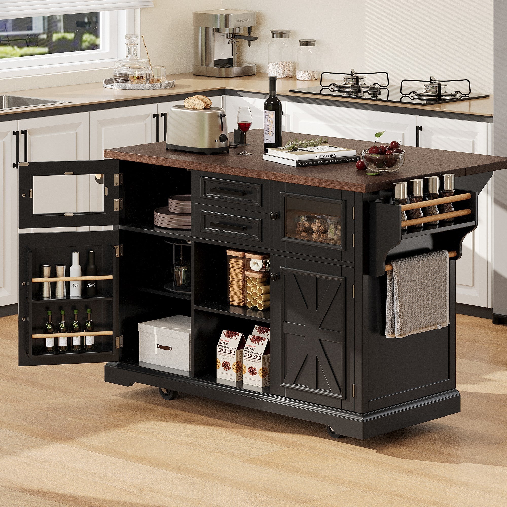 Farmhouse Kitchen Island, Black, Glass-Door Drop-Leaf, 54.9in