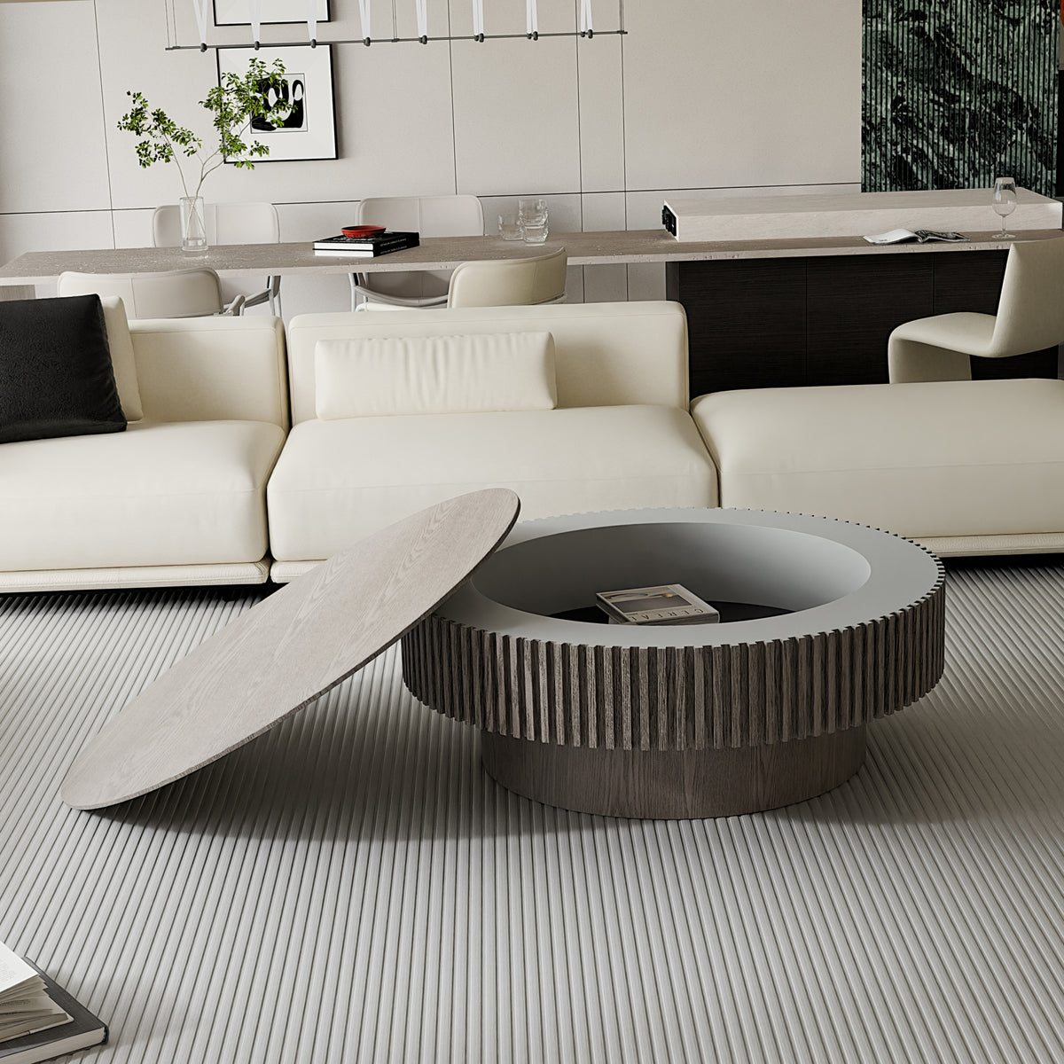 Gray Round Coffee Table with Storage, 39.4 in
