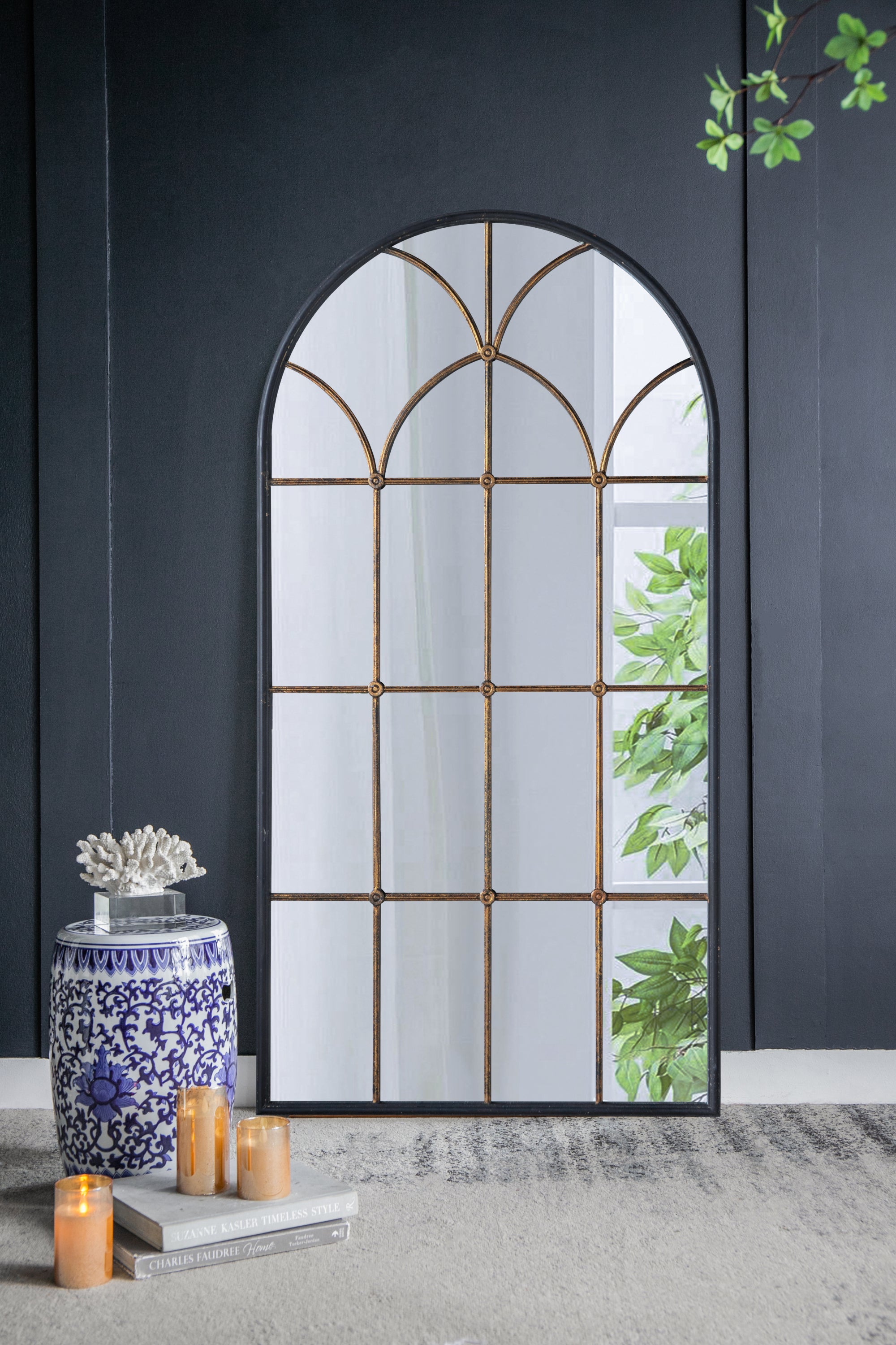 Arched Windowpane Mirror, 34 x 65.5 in, Black and Gold