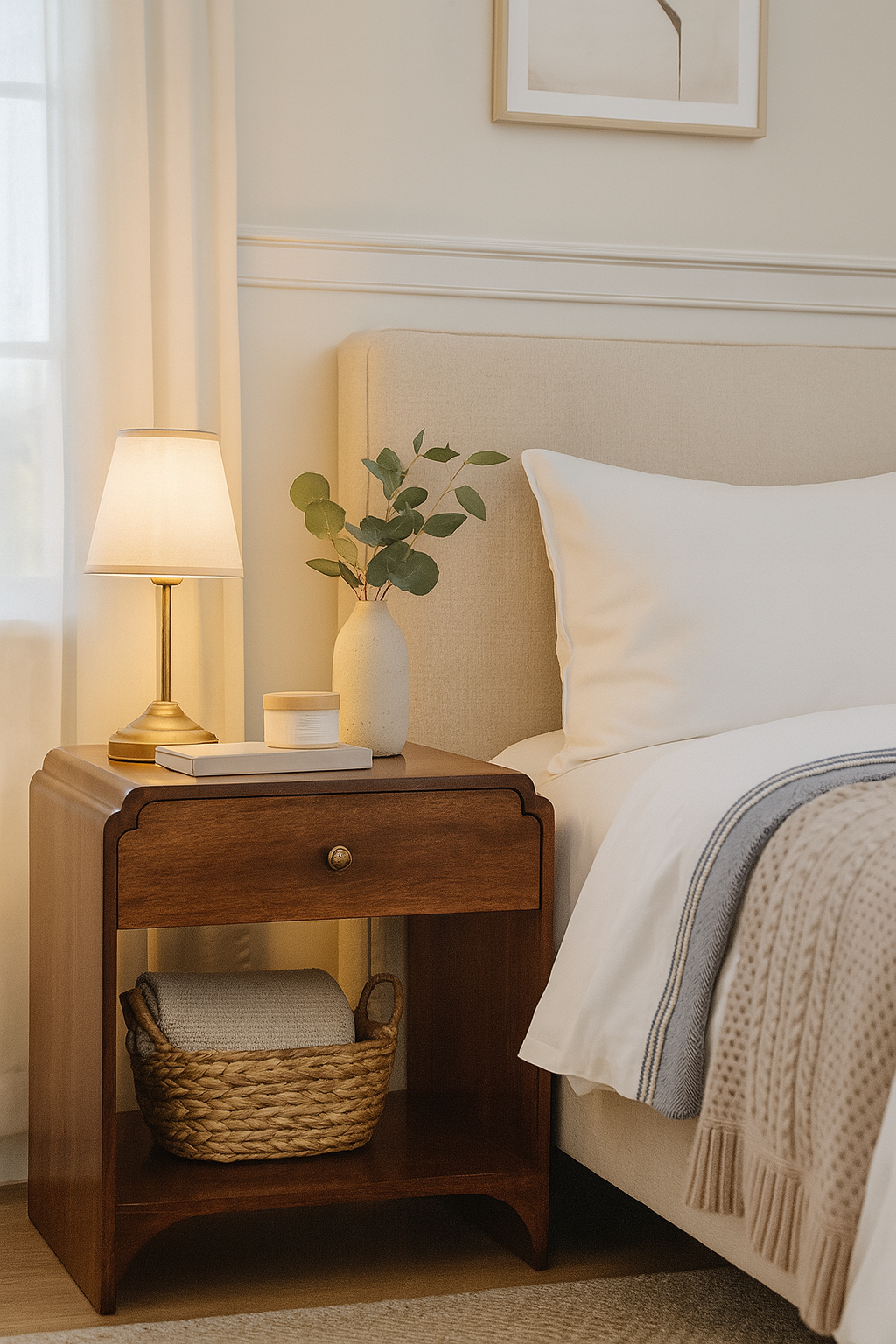 Walnut Nightstand with Drawer and Lower Shelf, Solid Mango Wood