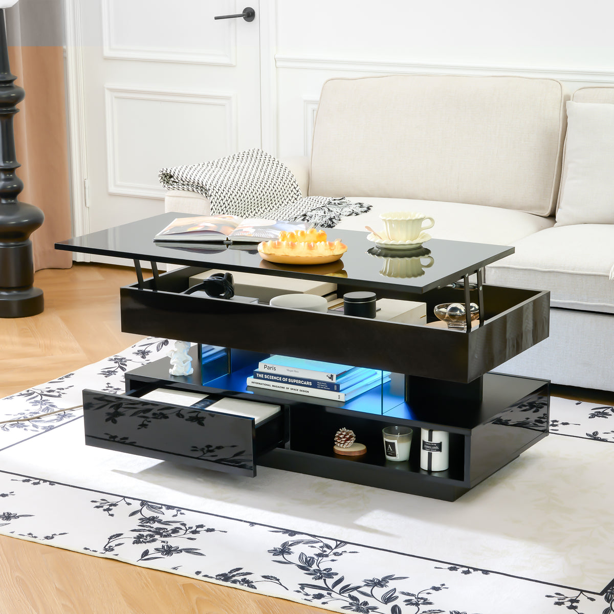 Black Rectangular Lift-Top Coffee Table, LED, 39.4 in
