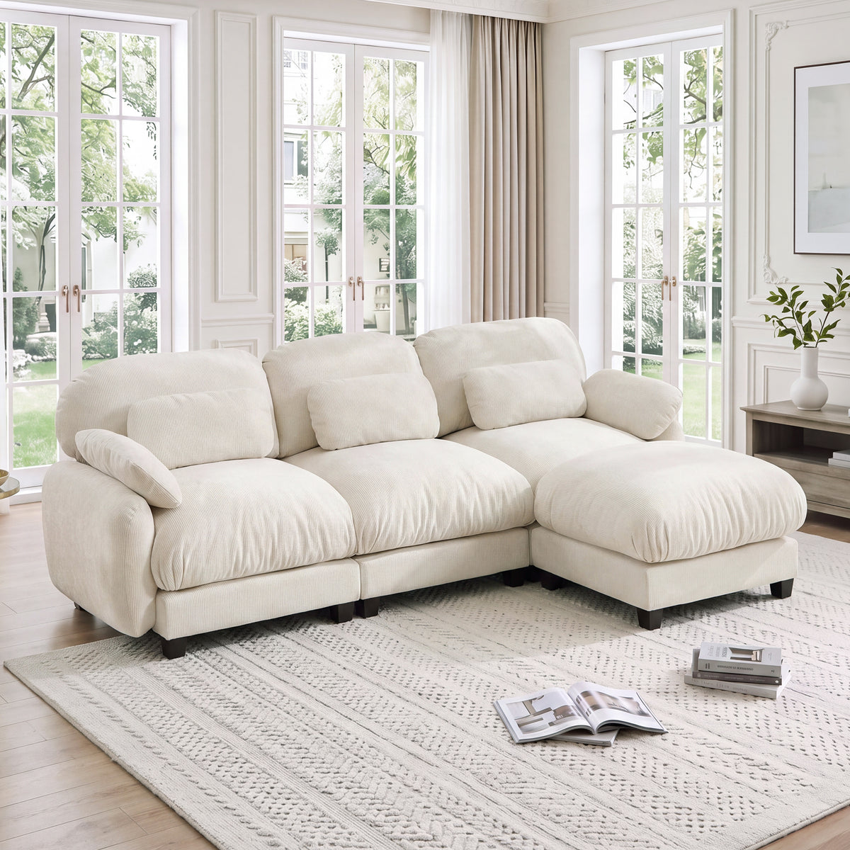 Beige Chenille L-Shaped Modular Sectional Couch with Ottoman