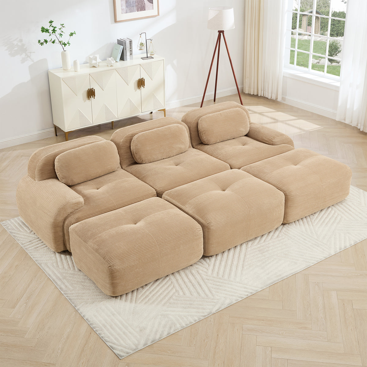 Camel Corduroy Modular 3-Seat Curved Sofa with 3 Ottomans
