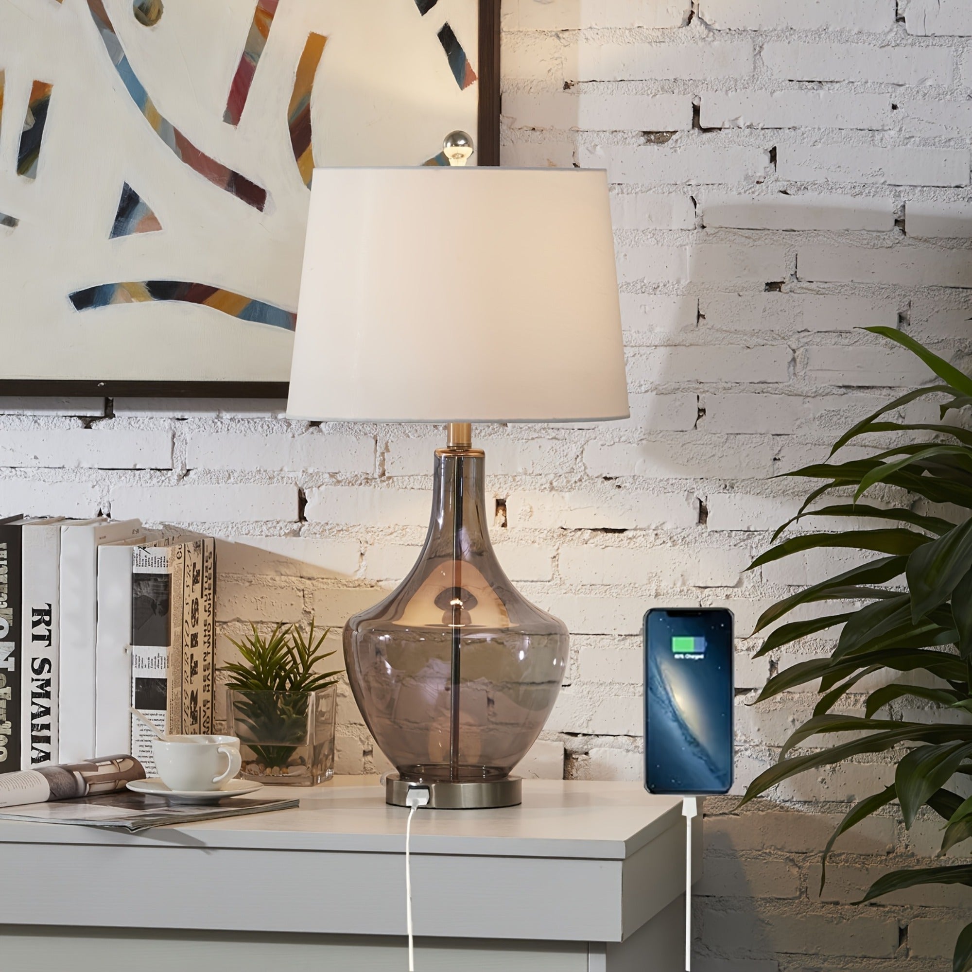 Table Lamp with USB Charging Port and Fabric Shade in Grey