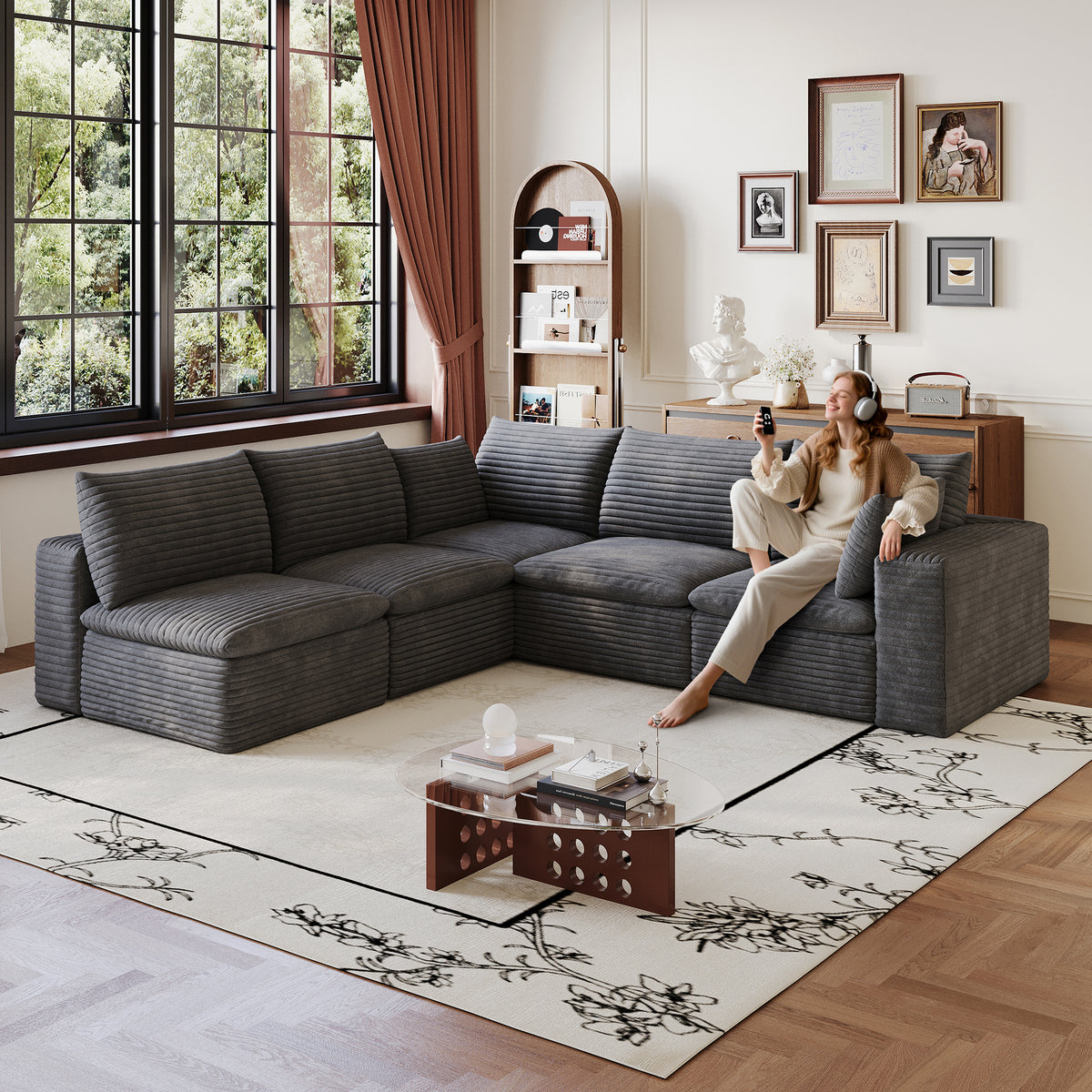 Dark Gray Corduroy Modular 5-Seat Couch, No Assembly, 103 in Wide
