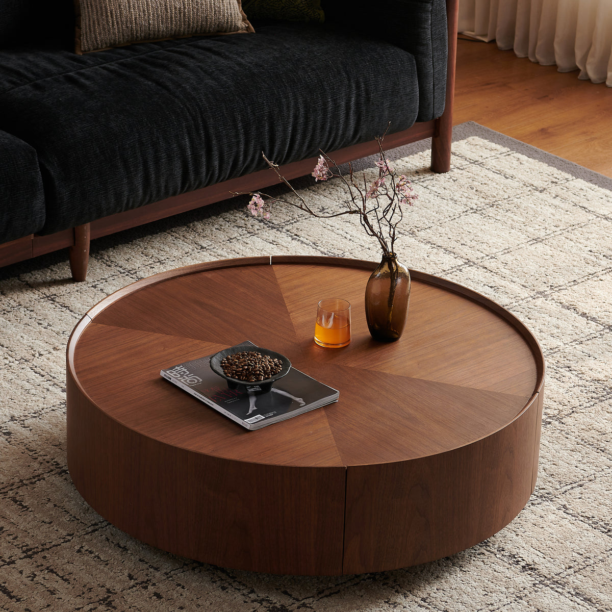 Walnut Round Coffee Table with Storage, 39.4 in