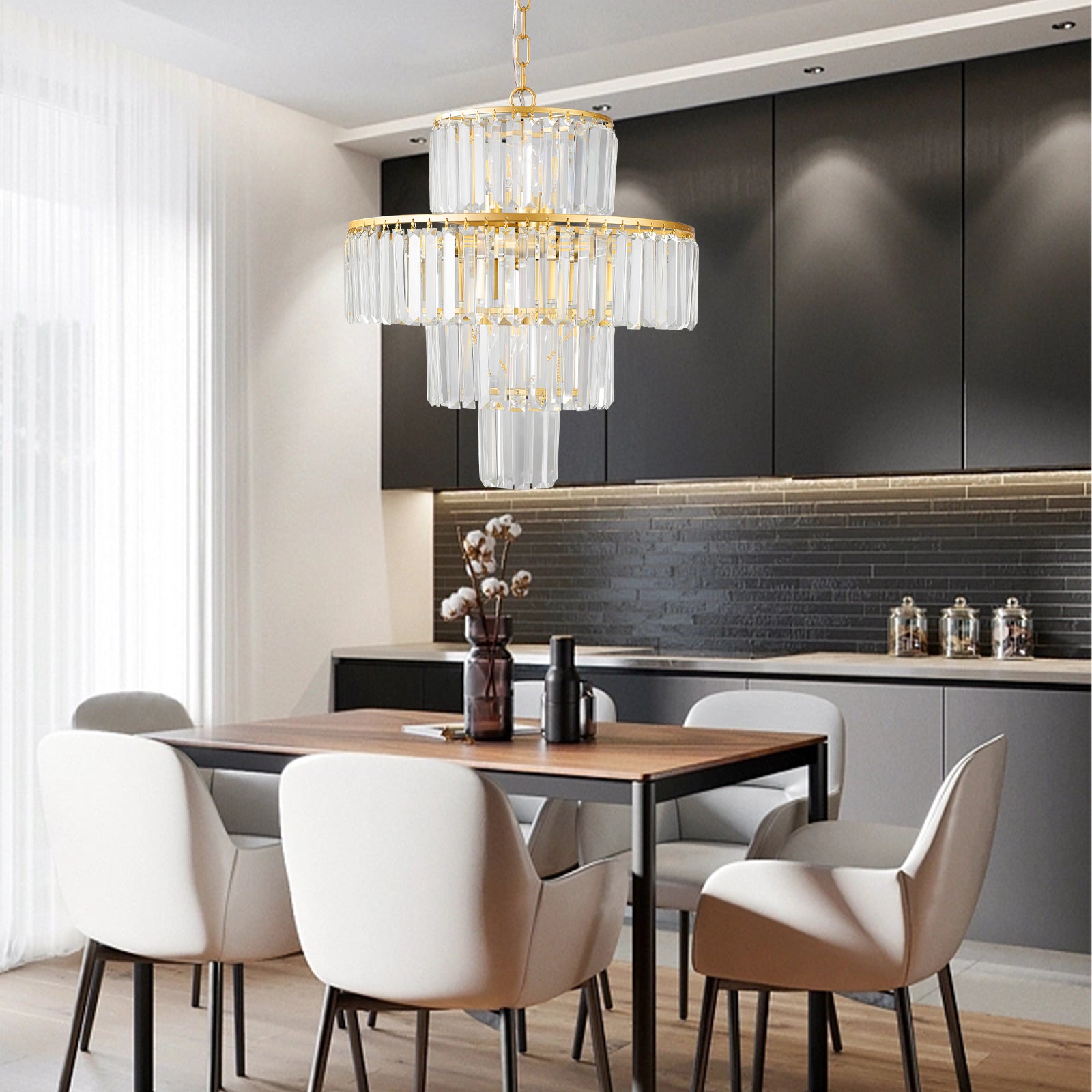 Chandelier, 12-Light Crystal, Iron Frame, Gold