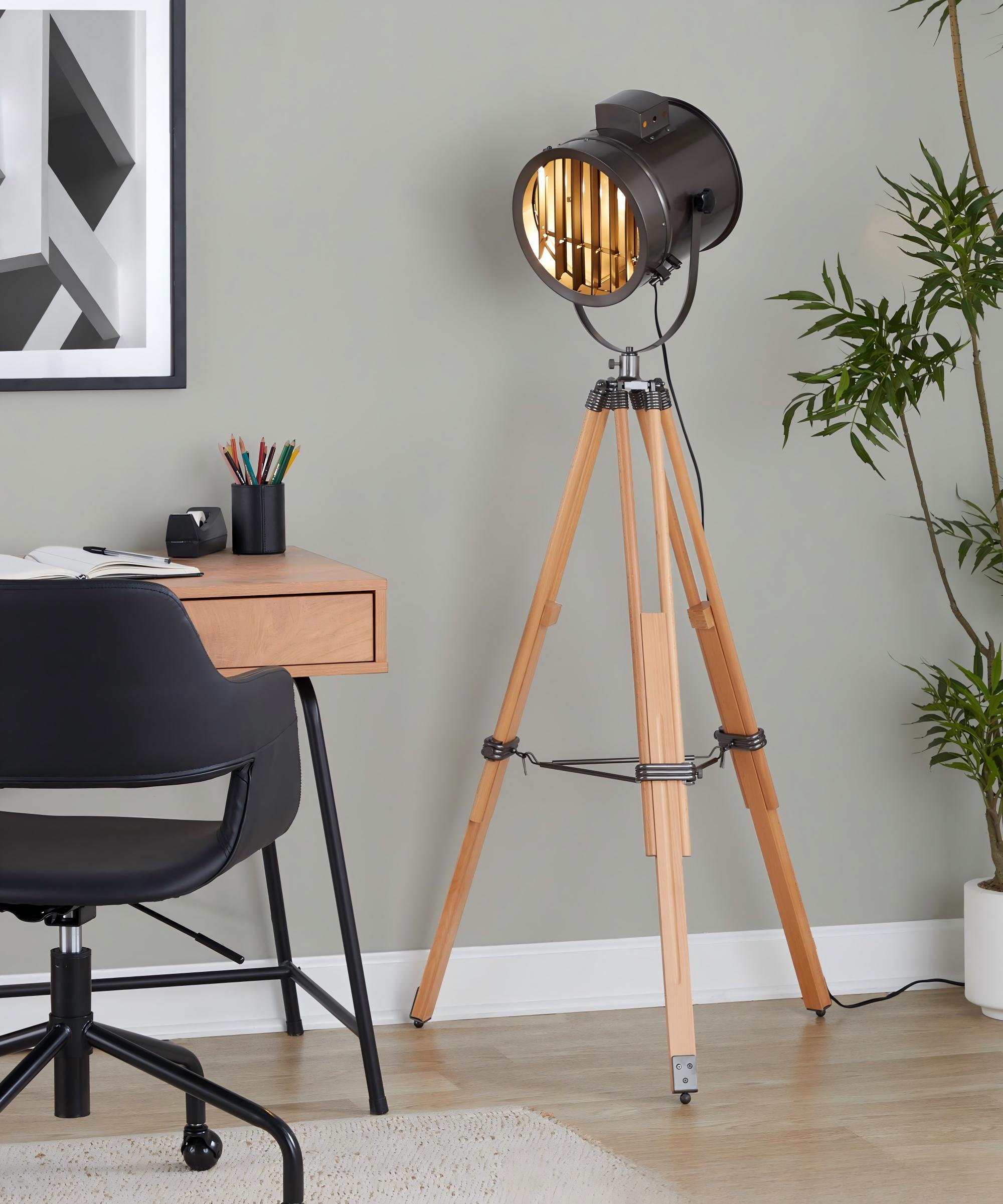 Floor Lamp with Natural Wood Frame and Antique Metal Accents