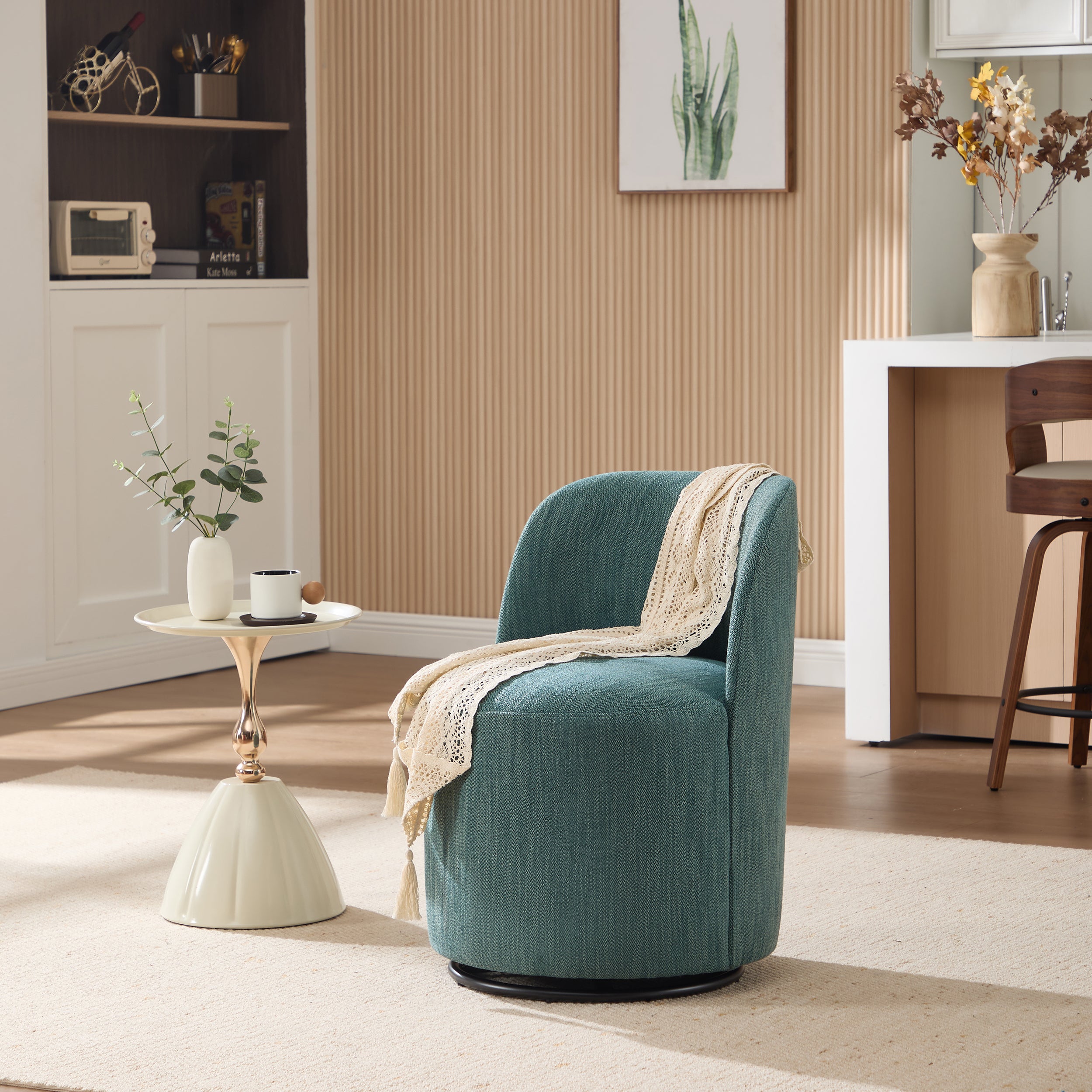 Linen Barrel Swivel Dining Chair, Dark Green with 360 Swivel