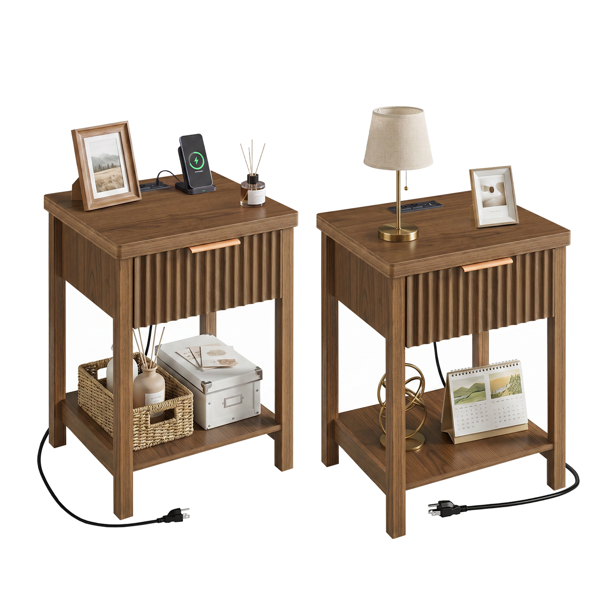 Fluted Nightstand Set of 2 with Charging Station, Walnut