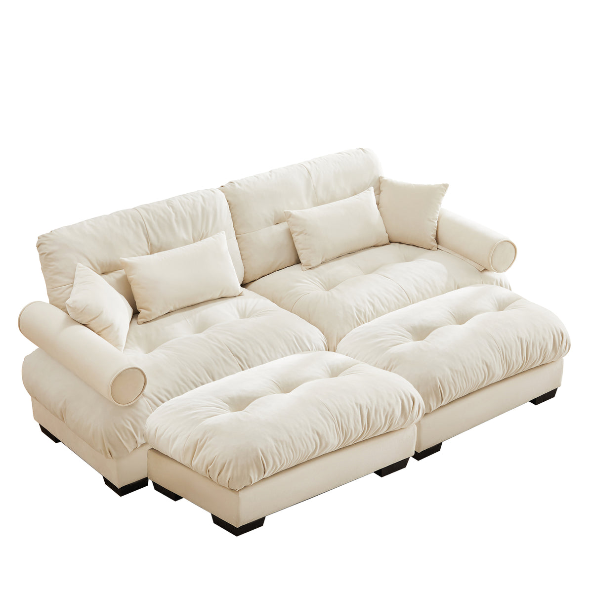 Cream Velvet 2-Seat Couch with 2 Ottomans