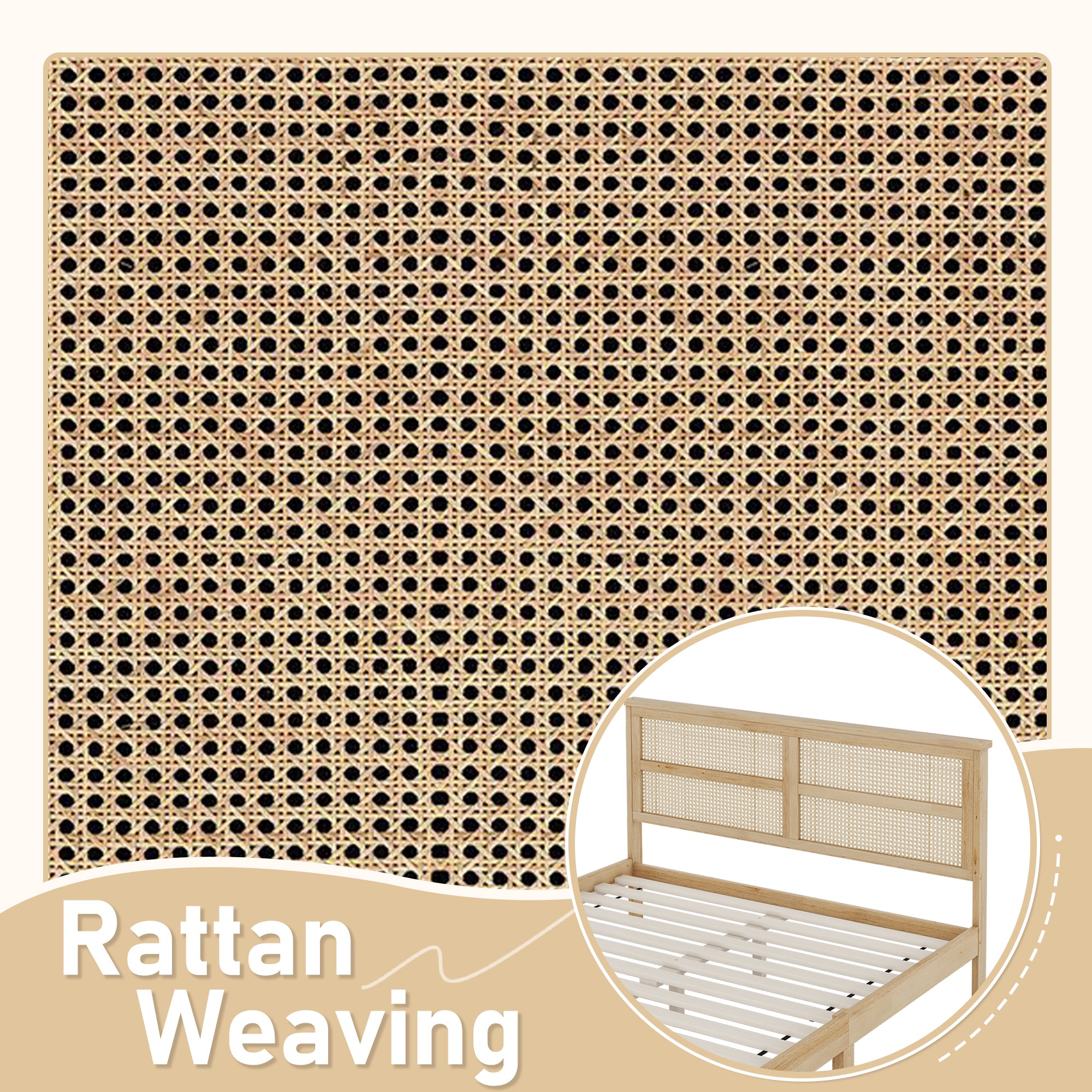 Close-up of the woven PE rattan headboard on the natural queen bed frame, with an inset of the wood slat platform
