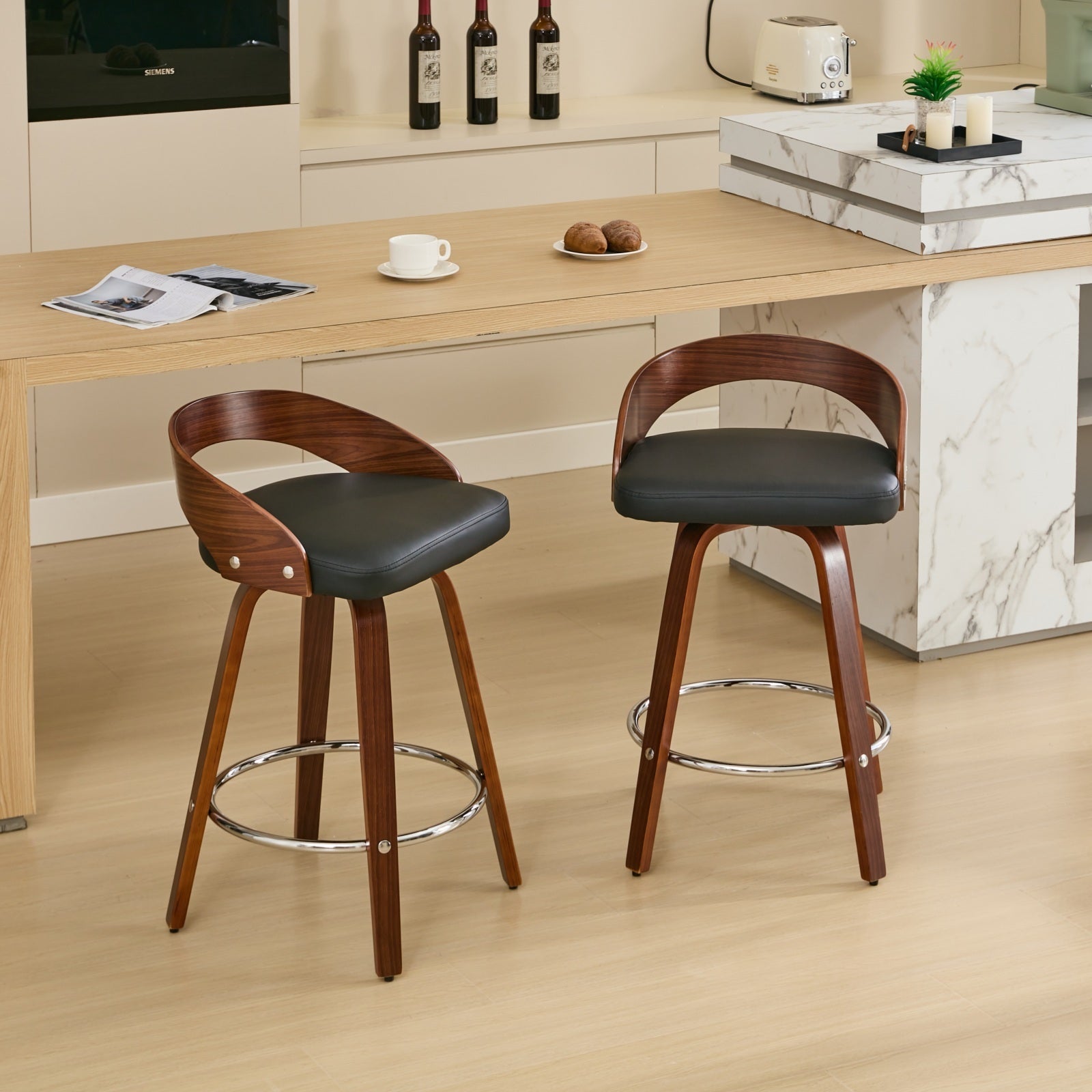 Counter Stools Set of 2, Vegan Leather, Swivel, Walnut, Black