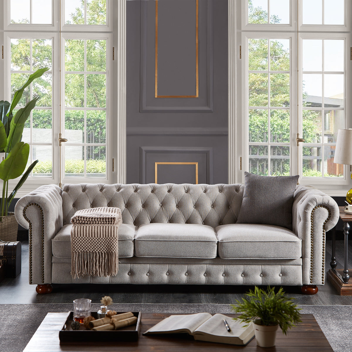 Light Gray Linen 3-Seat Chesterfield Sofa, 88.5 in Wide
