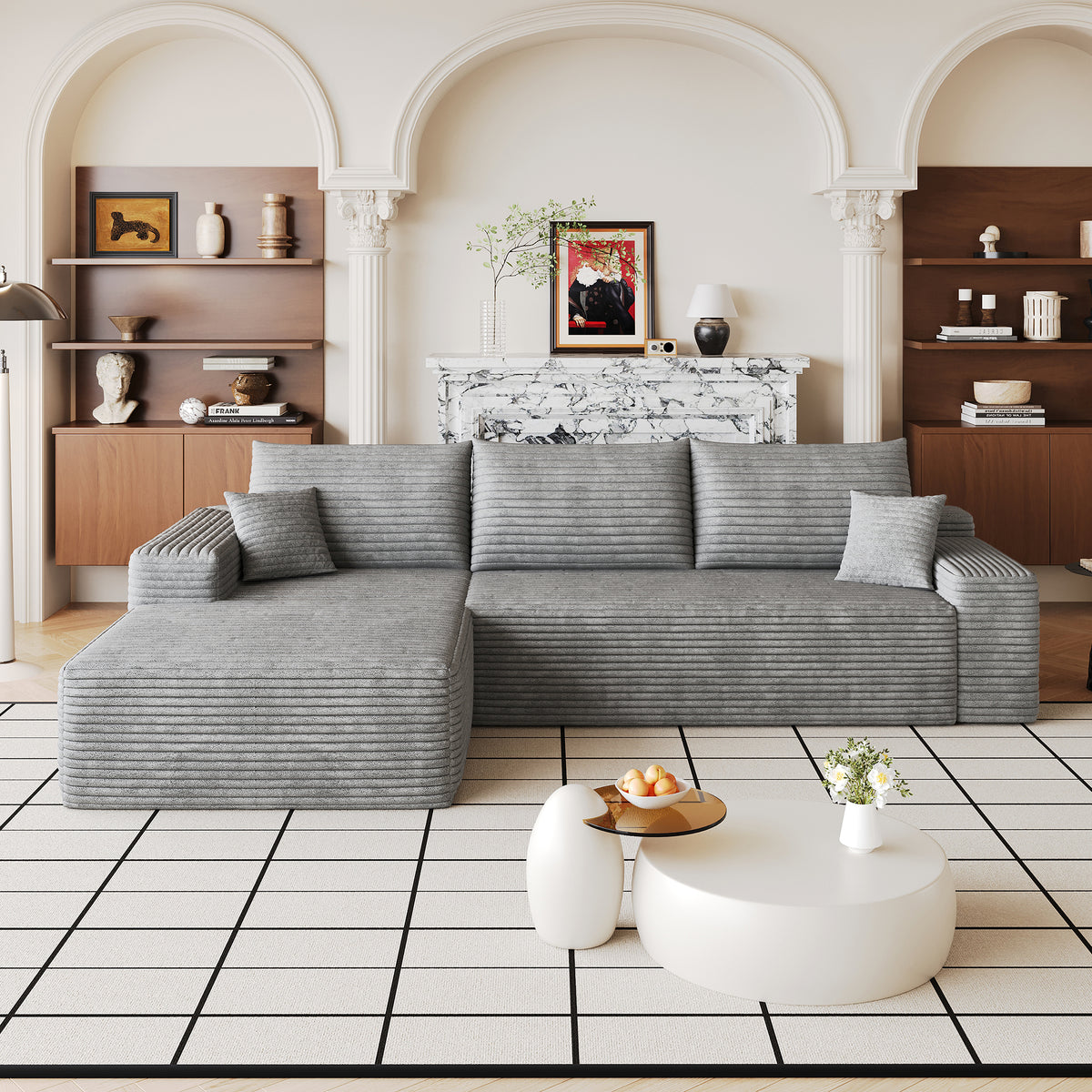 Gray Corduroy L-Shaped Modular Sectional, 107 in Wide, Left-Facing