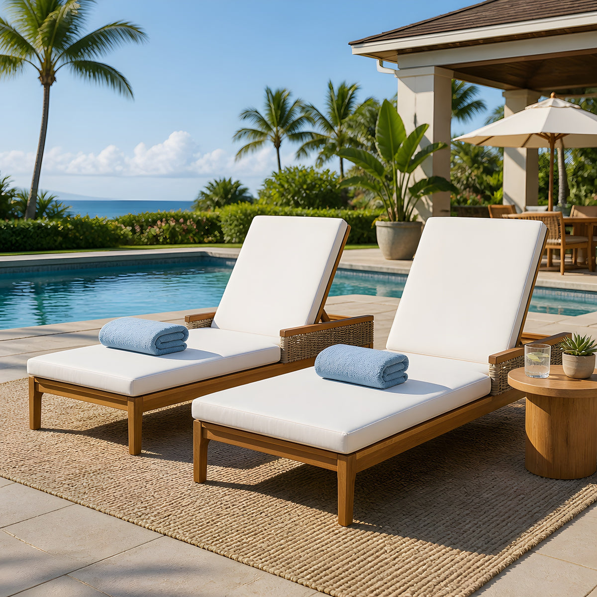Natural Solid Wood Outdoor Chaise Lounge with Beige Cushions, Set of 2