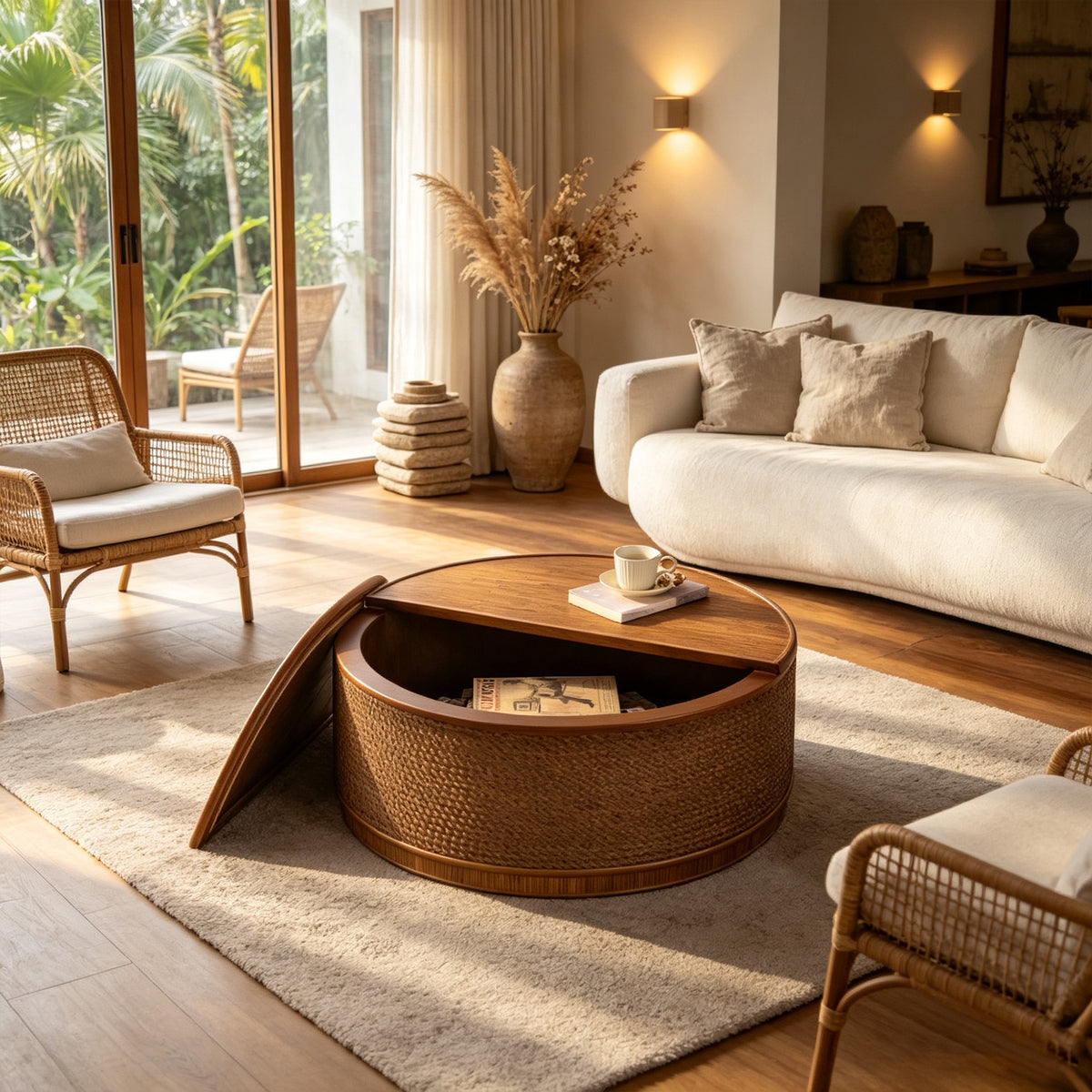 Natural Rattan Round Coffee Table with Storage, Hemp Rope Trim