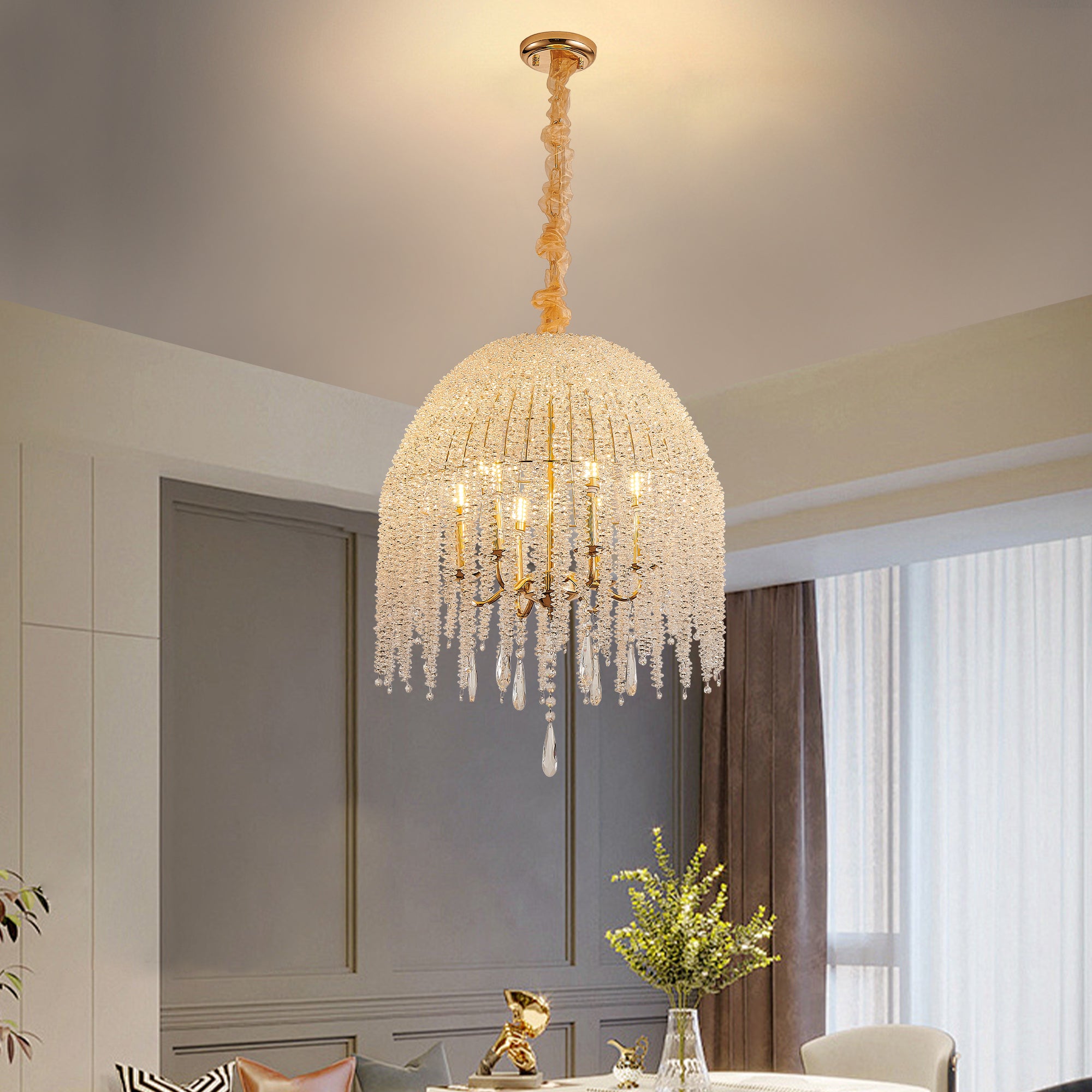 Chandelier, 6-Light Crystal Cascade Design, Gold Finish