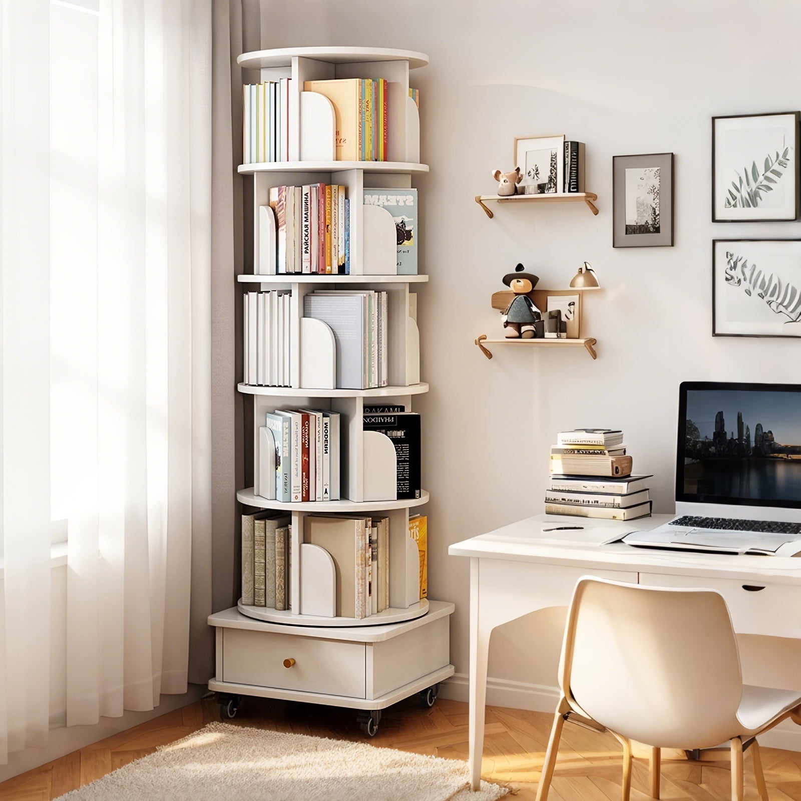Vertical Rolling Bookcase, Bookshelf, 18.1 in, White