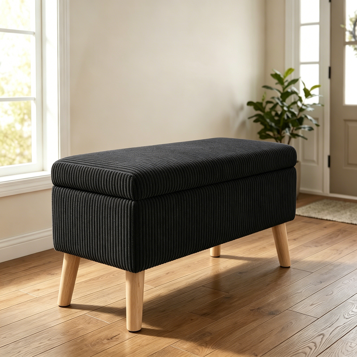 Black Corduroy Storage Ottoman Bench, 32 in