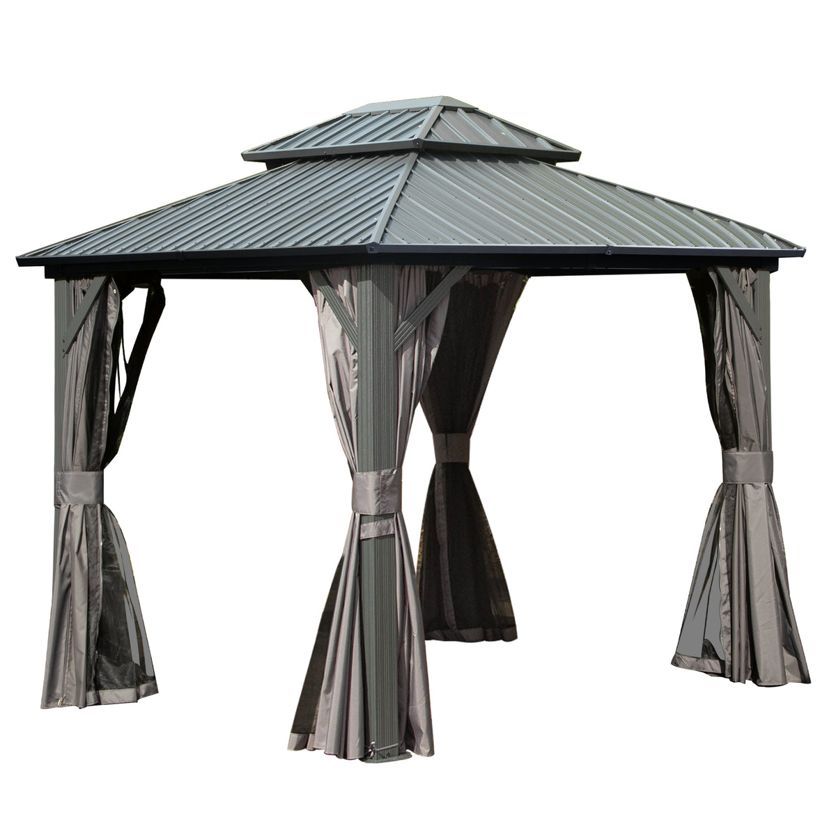 8x10 ft Gray Double Roof Hardtop Gazebo with Netting and Curtains