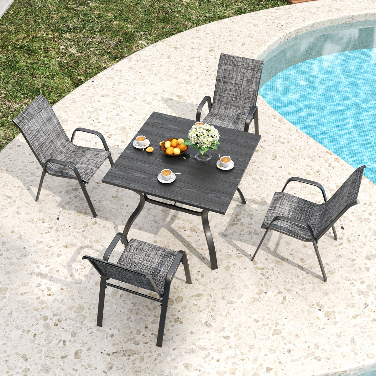 Metal Stackable 5-Piece Patio Dining Set for 4 with Umbrella Hole
