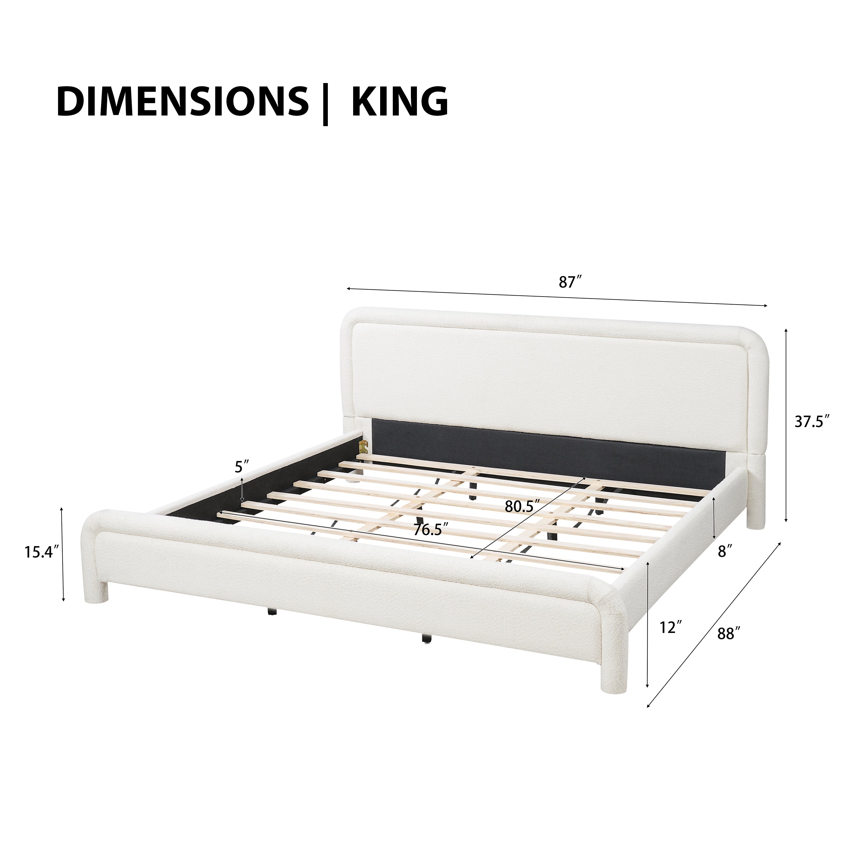 Dimension diagram of white boucle king bed frame, 87"W x 88"L, 37.5"H