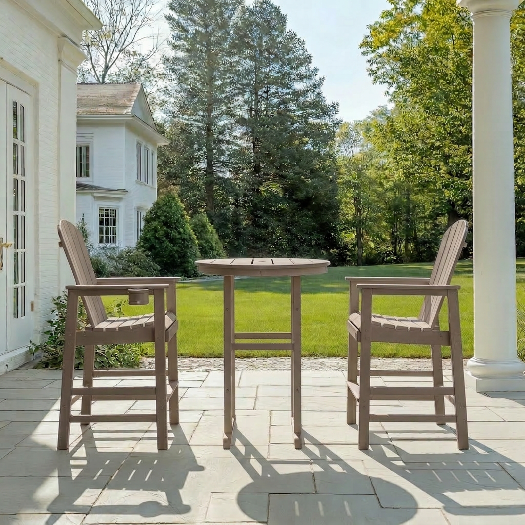 3-Piece Bar Height Bistro Set, Round HDPE Pub Table, Antique Wood
