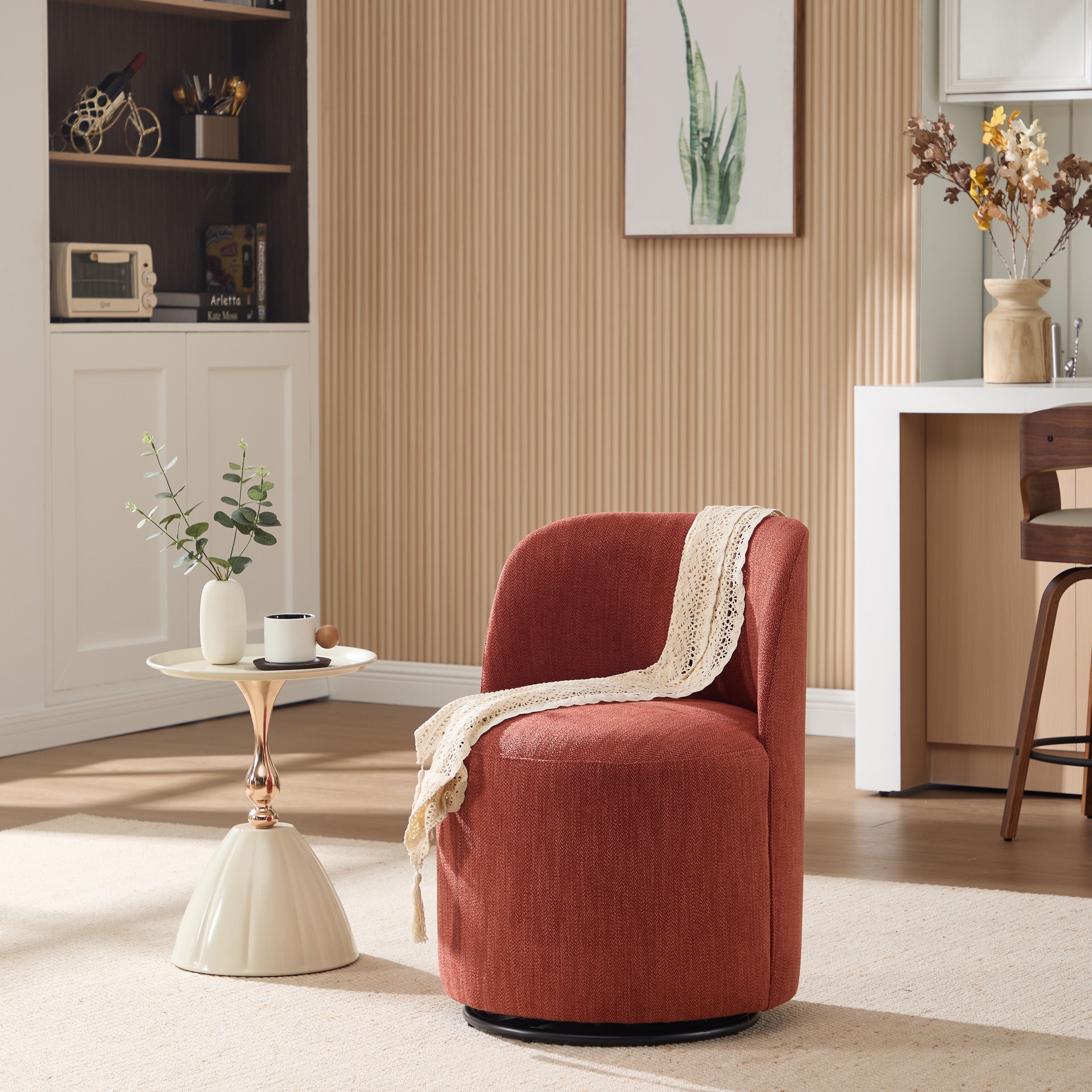Linen Barrel Swivel Dining Chair, Rust with 360 Swivel Base
