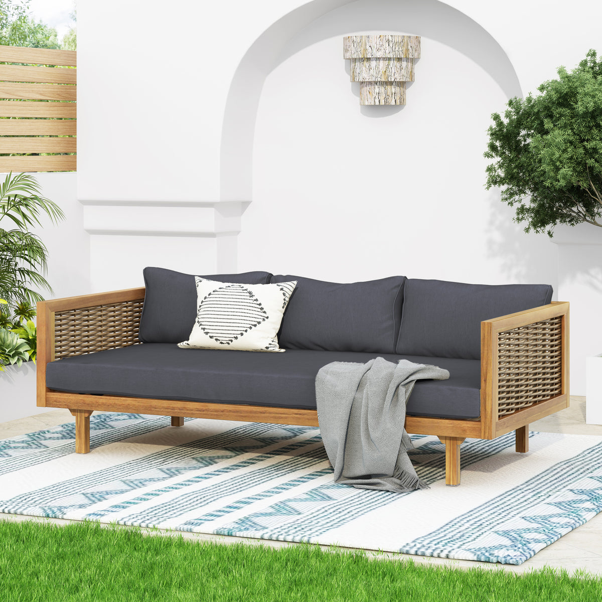 Teak Finish Solid Wood Outdoor Daybed, Dark Gray Cushion
