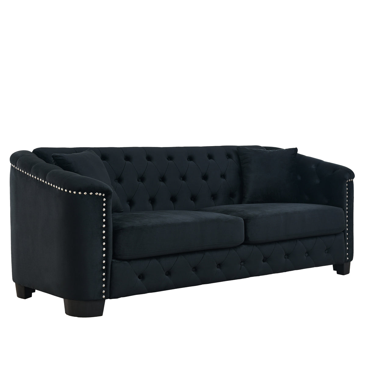 Black Velvet 3-Seat Chesterfield Sofa, 77 in Wide